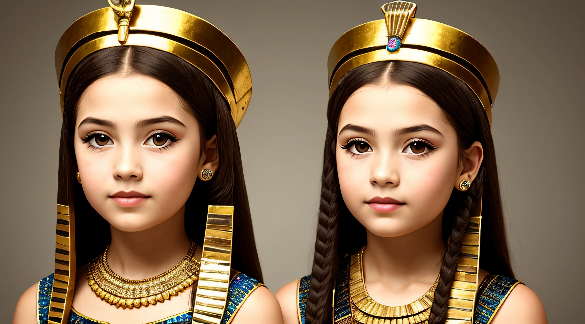 GIRL BLONDE CHILD WITH SHORT HAIR, A PORTRAIT, of a bust of a BLONDE CHILD IN BRAIDS wearing a hat, wearing an Egyptian crown, Nefertiti, ancient egyptian, egyptian, egyptian makeup, precise for egyptian tradition, egyptian art, egyptian makeup, beautiful and huge head ornaments, ancient egyptian art, ancient egyptian art, ancient egypt, beautiful cleopatra, Egyptian princess, ancient Libu princess