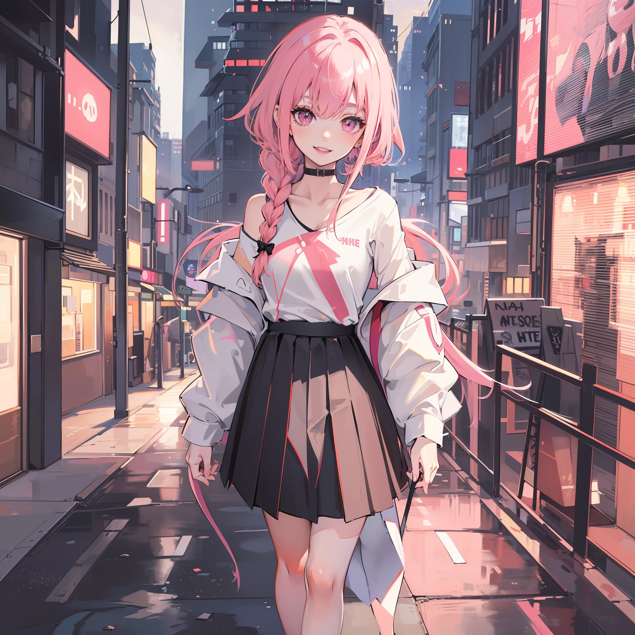 Pink hair, long hair, loli, smiling, dressed in Gothic doctor's costume, standing on a dark and uninhabited street, fog floating nearby, wearing a garland on her head