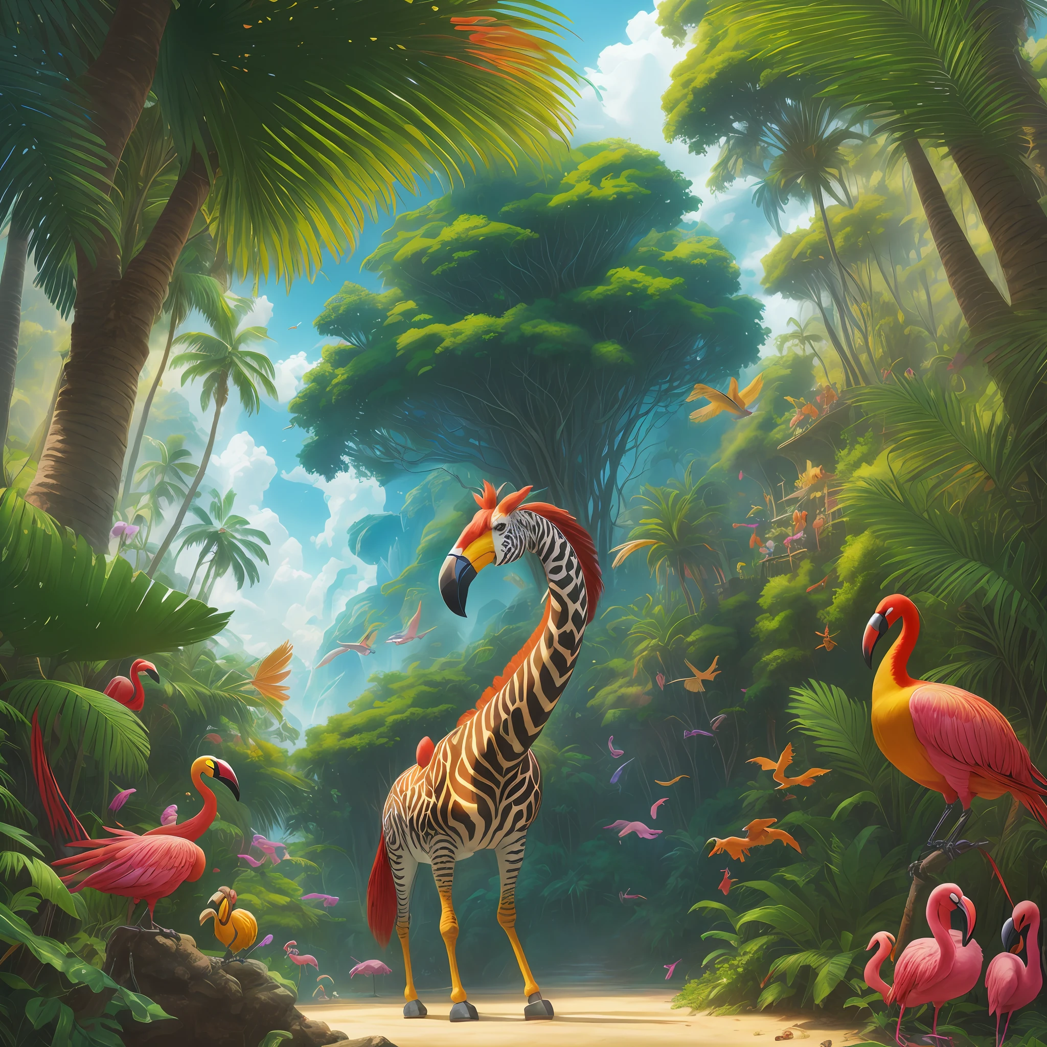 colorful paradise, jungle with colorful birds, zebras, giraffes, flamingos, toucans, macaws, tropical forest, rich in detail, 3d rendering, best quality, national geographic, award-winning photography, cinematic, cinema light, cinema quality, masterpiece, super detailed, hyper realism, by hildebrandt, stylize, fantasy, concept art, ((make-believe)), imaginary, supernatural, fantastic, unreal, dreamed, illusion, high quality, high, palms, colorful, hyper realism