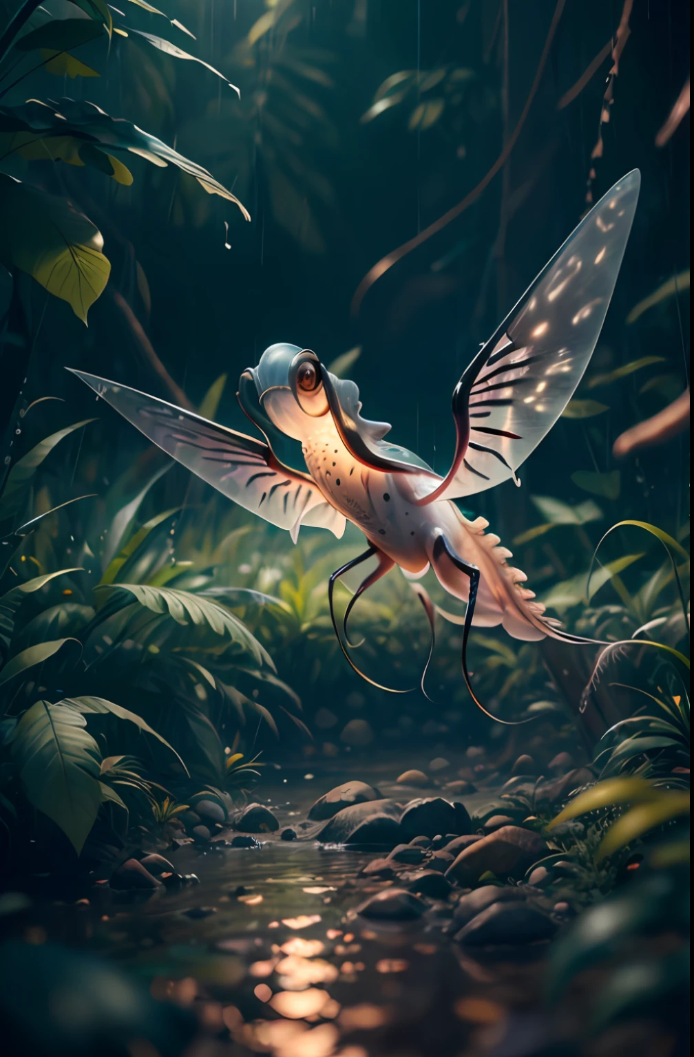 Big six legs creature whith transparent and lighting body, long wings, walking on all six legs, (((cuttlefish head))), ((four eyes)), six leghs, in the jungle, jungle, rain forest, high image quality, realistic look, high-resolution photography, 8K, full-frame matrix, deep shadows, ((one character)), (intricate details, subsurface scattering, hyperdetailed:1.15), (hyperrealism, volumetric lighting, sharp:1.5) Fujifilm XT3