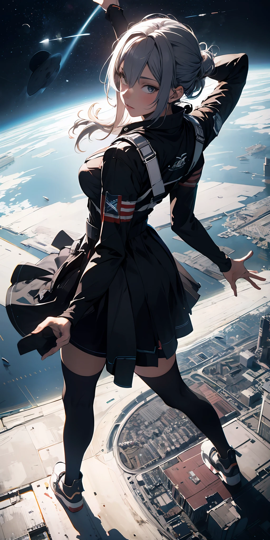 absurd res, high res, (masterpiece:1.4), ultra-detailed, 1girl, from above, space, floating,grimness