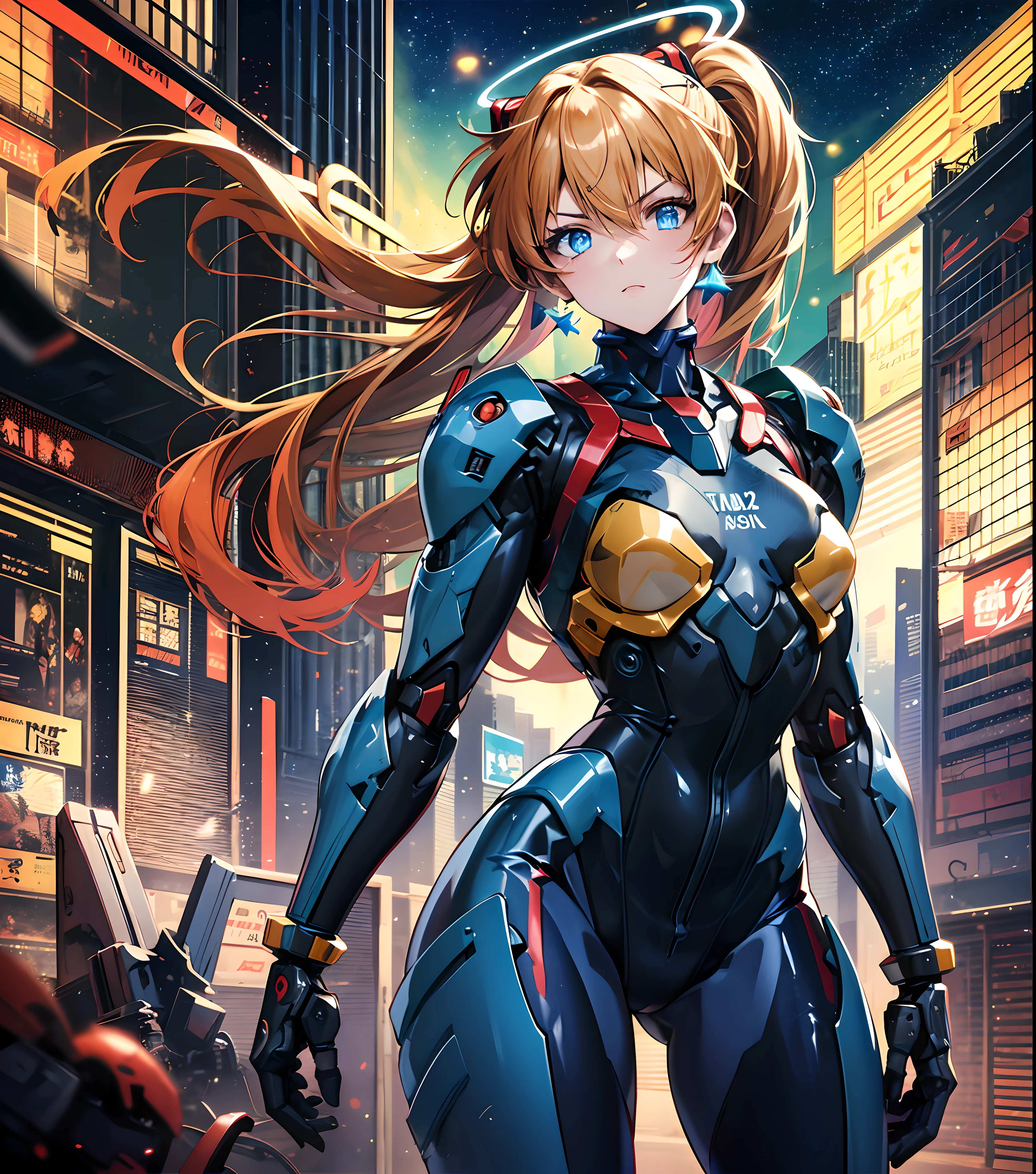 Masterpiece, best quality, super detailed, very detailed illustration, very detailed, complex details, high resolution, super complex details, very detailed 8k CG wallpaper, cowboy lens, caustics, reflections, ray tracing, demon theme, nebula, dark aura, network effects, (1 girl:1.4), Asuka, single, alone, mecha musume, mechanical parts, robot joints, single robotic arm, headdress, mechanical halo, star halo, complex mechanical tights, mecha corset, Fully armored, double ponytail, orange-yellow hair, hair between eyes, blue eyes, glowing eyes, eye tracks, random expressions, random movements, ancient Japanese architecture, ponds, starry sky, skyline,