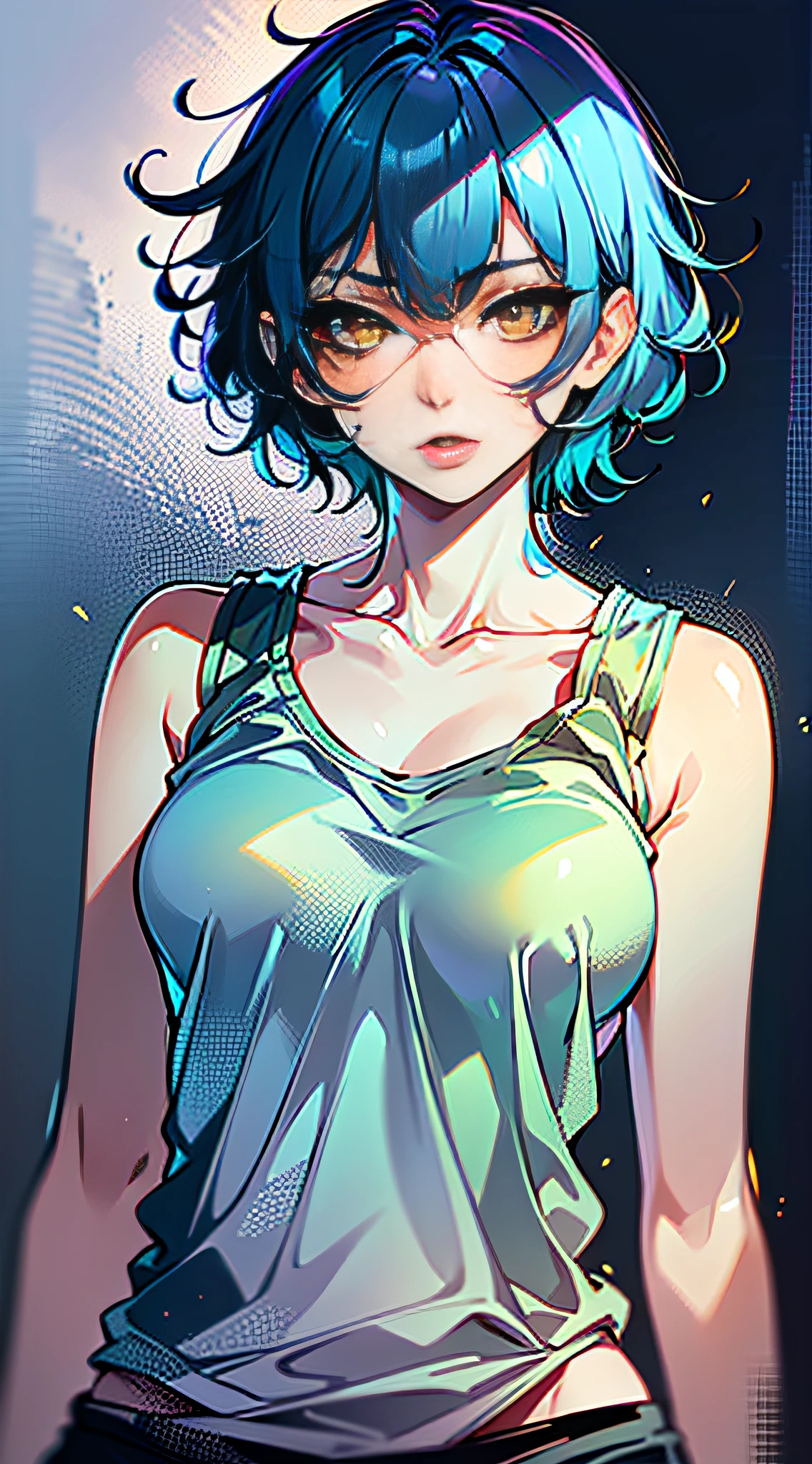 Paint_Style, 1girl, solo, looking at viewer, short hair, bangs, blue hair, collarbone, yellow eyes, parted lips, lips, eyelashes, tank top, portrait, nose