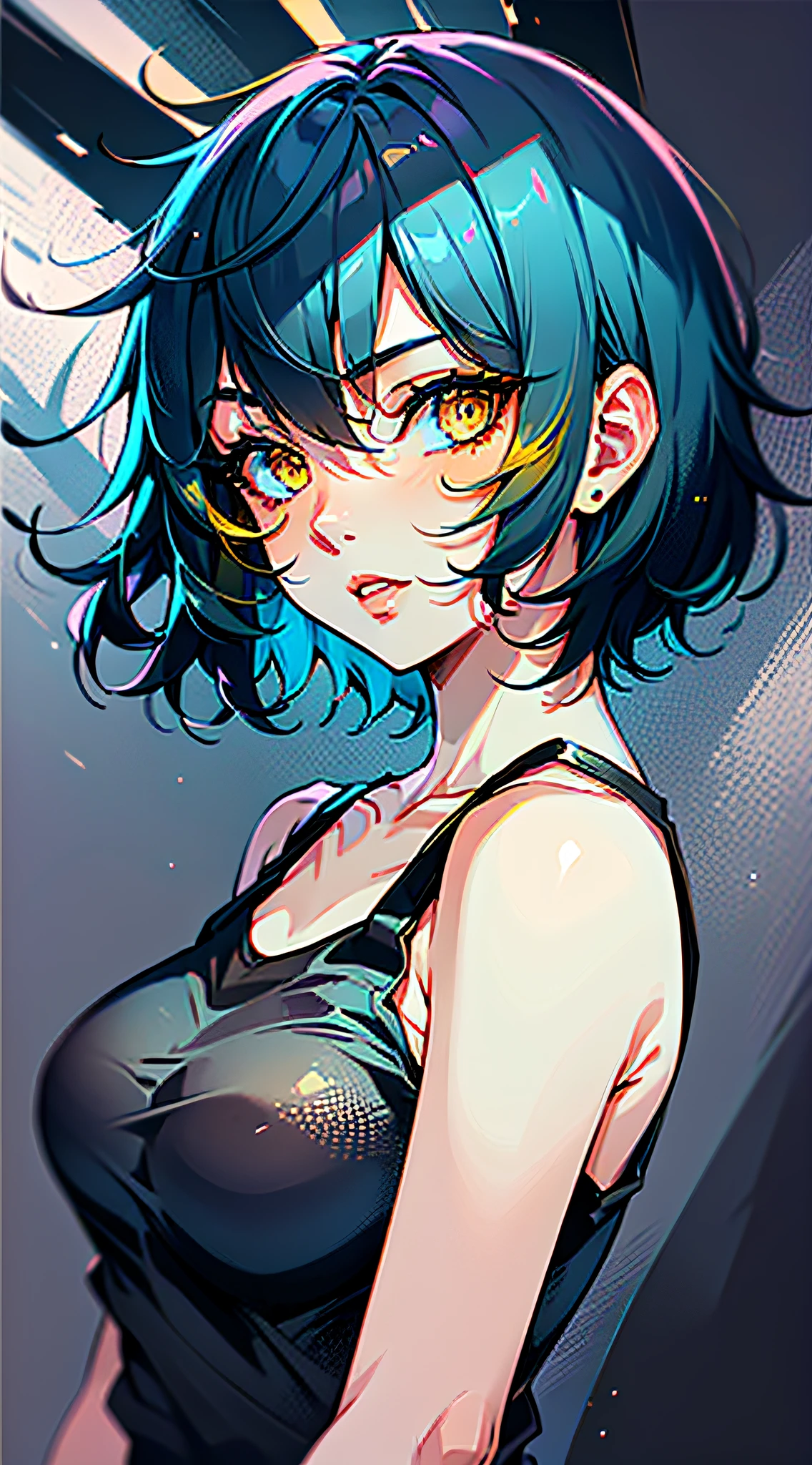 Paint_Style, 1girl, solo, looking at viewer, short hair, bangs, blue hair, collarbone, yellow eyes, parted lips, lips, eyelashes, tank top, portrait, nose