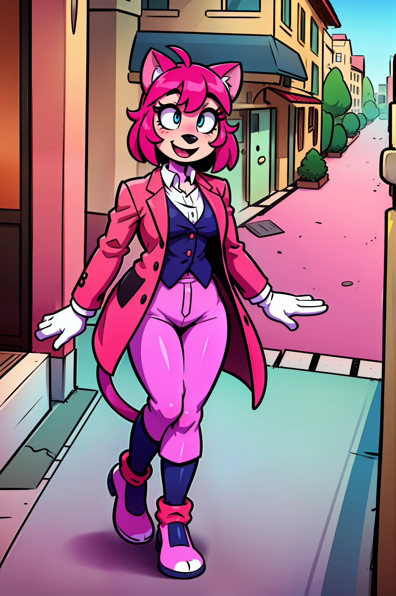 catgirl, furry, toon, cartoon, pink hair, walking,, lion tail, cat ears, animal nose, coat, vest, smile