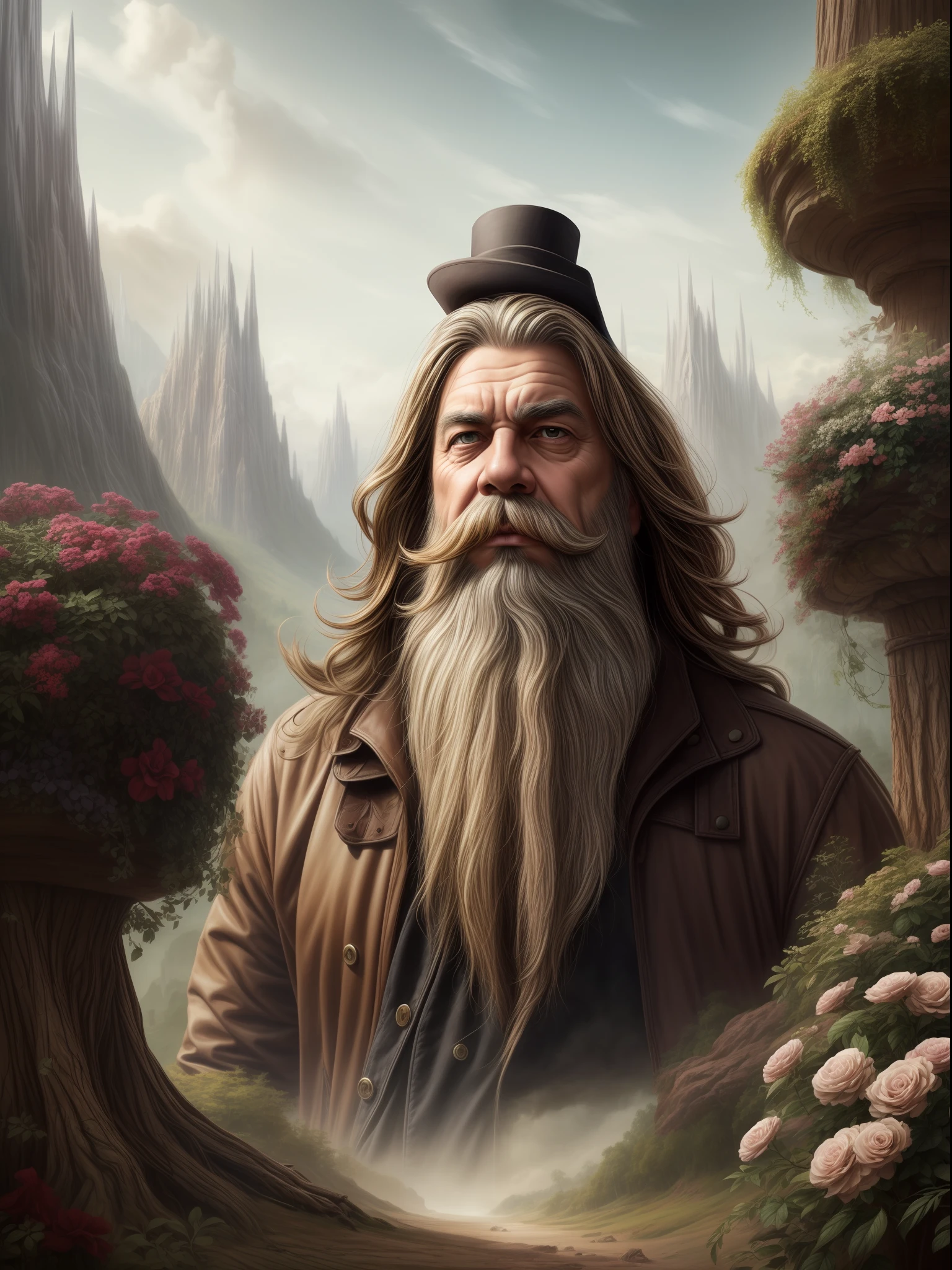 **Immerse yourself in the closeup world  of a long bearded man with a felt hat and a mustache, flowers in his beard, in the style of fantasy worlds, forestpunk, 2d game art, edmund leighton, esao andrews, characterful animal portraits, stark visuals detail ,Artists studio backdrop. Photographed by David bailey using Hasselblad’s flagship mirrorless medium format camera X2D 100C. 1000mps ,bold vibrant colours