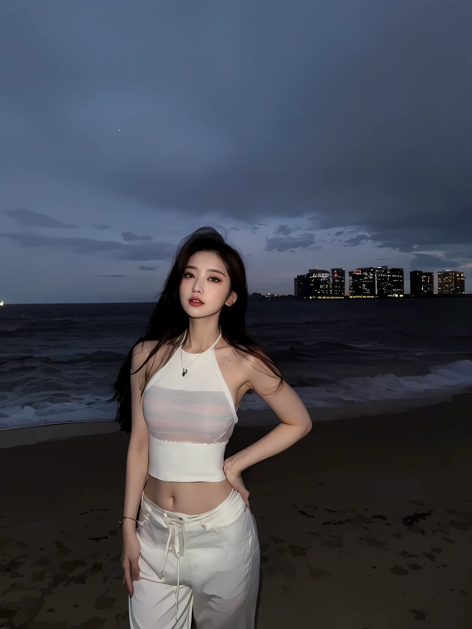 ((Midnight, Best quality, 8k, Masterpiece :1.3)), Whole body, Long legs, Sharp focus :1.2, A pretty woman with perfect figure :1.4, Slender abs :1.1, ((Dark brown hair, Big breasts :1.2)), (White tight tshirt, Jean bib, Standing:1.2), ((Night city view, Rooftop:1.3)), Highly detailed face and skin texture, Detailed eyes, Double eyelid