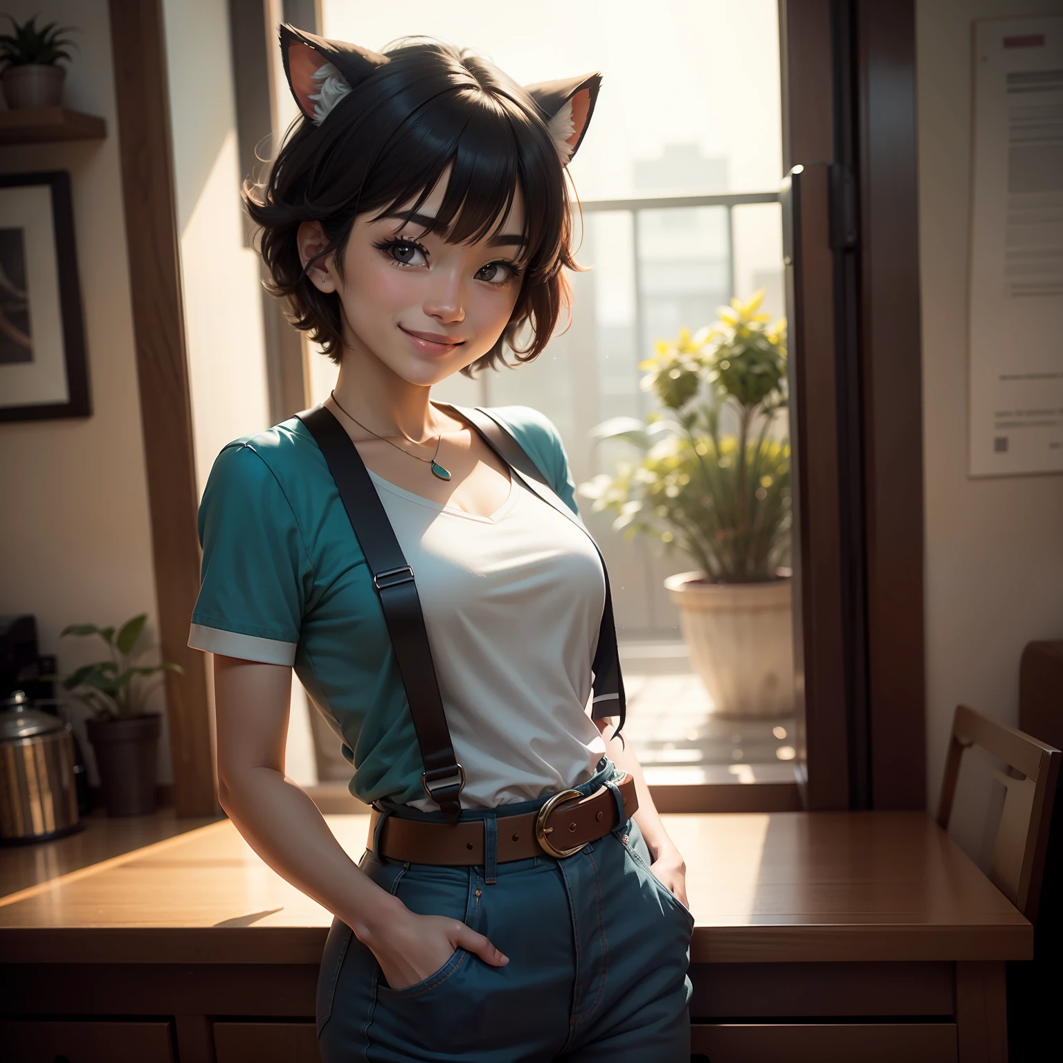michiru_kagemori, michiru, furry, anthro, (facial_mark:0.5), solo, smile, looking_at_viewer, short_hair, indoors, belt, dark_skin