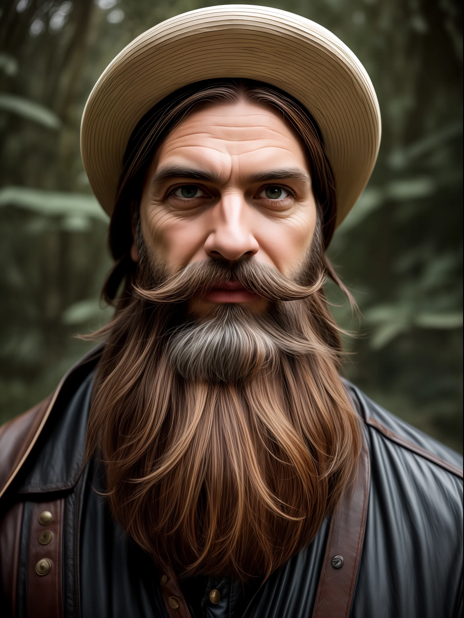 **Immerse yourself in the closeup world  of a long bearded man with a felt hat and a mustache, flowers in his beard, in the style of fantasy worlds, forestpunk, 2d game art, edmund leighton, esao andrews, characterful animal portraits, stark visuals detail ,Artists studio backdrop. Photographed by David bailey using Hasselblad’s flagship mirrorless medium format camera X2D 100C. 1000mps ,bold vibrant colours