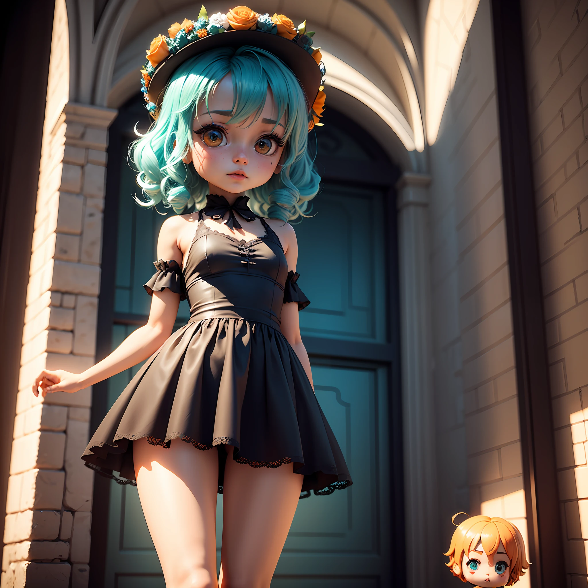 (((chibi 3d))) (dark shot: 1.4), 80mm, pretty pretty woman with curly long hair (color makeup Dia de Muertos: 1.3): posing in a luxurious castle, wreath of roses (over the head: 1.2), black lace detail, 4k, 8k, (complex detail: 1.12), HDR, (complex detail, hyper detail: 1.15), (natural skin texture, Hyperrealism, Soft Light, Sharp: 1.2), Soft Light, Sharp, Exposure Blend, Medium Shot, Bokeh, (HDR: 1.4), High Contrast, (Cinematic, Teal, Orange: 0.85), (Muted Colors, Dim Colors, Muted Tones: 1.3), Low Saturation, (Hyper Detail: 1.2), (Noir: 0.4)( chibi 3d))) --auto