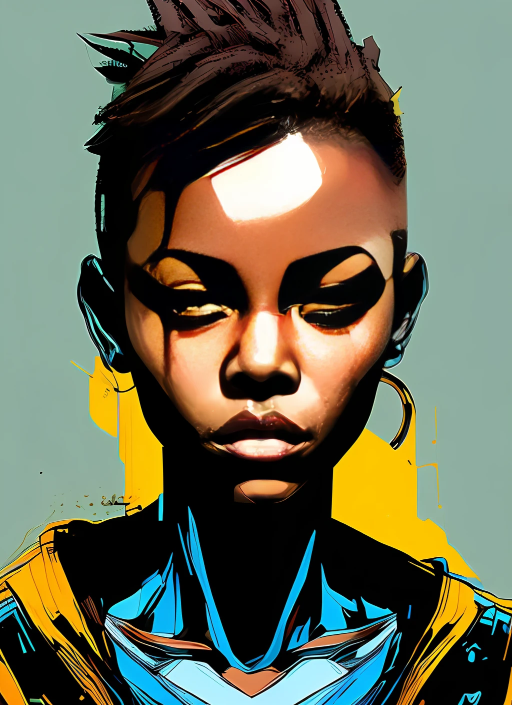 Nvinkpunk, Hyper Realistic Portrait Digital Painting of ((African girl by fallout3 Person)) by Simon Bisley, vivid color scheme, trending on ArtStation, (((highly detailed face)), (bokeh)