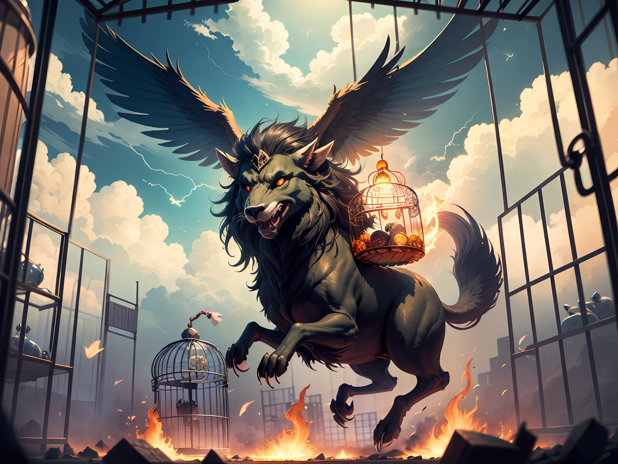Mythical beasts come out of their cages and fly in the sky, (broken cage:1.5),clouds, lightning, flames, tornadoes, a lot of details