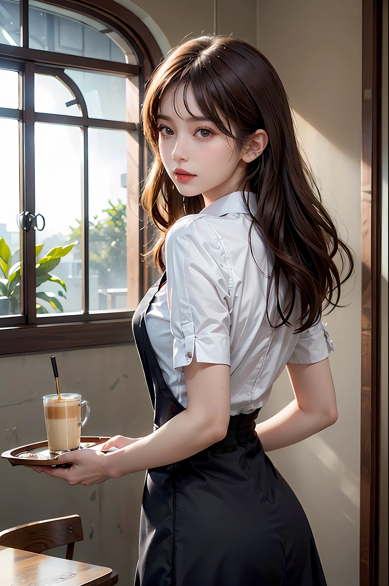 Cafe clerk woman 1what, (Masterpiece: 1.3), (8k, Photorealistic, RAW photo, Best Quality: 1.4), (1girl), Shallow depth of field, Face in focus, Soft focus, Beautiful face, (Backlit: 1.5), (Ambient: 1.3), (Realistic Face), (Black hair, medium short: 1.3), Loose wavy hair, Short bangs, Realistic eyes, dark brown pupils, highlights in pupils, beautiful detailed eyes, (plenty of natural light), (realistic skin), beautiful skin, (blouse with white collar), (tie), café apron, (flared skirt), (pumps), watch, small handbag, absurd, attractive, ultra high resolution, ultra realistic, high definition, golden ratio, detailed dining café background, coffee brewing, Carrying coffee on a tray, backlit by the back window, faint skylight with natural light, natural light from diagonally in front of the face