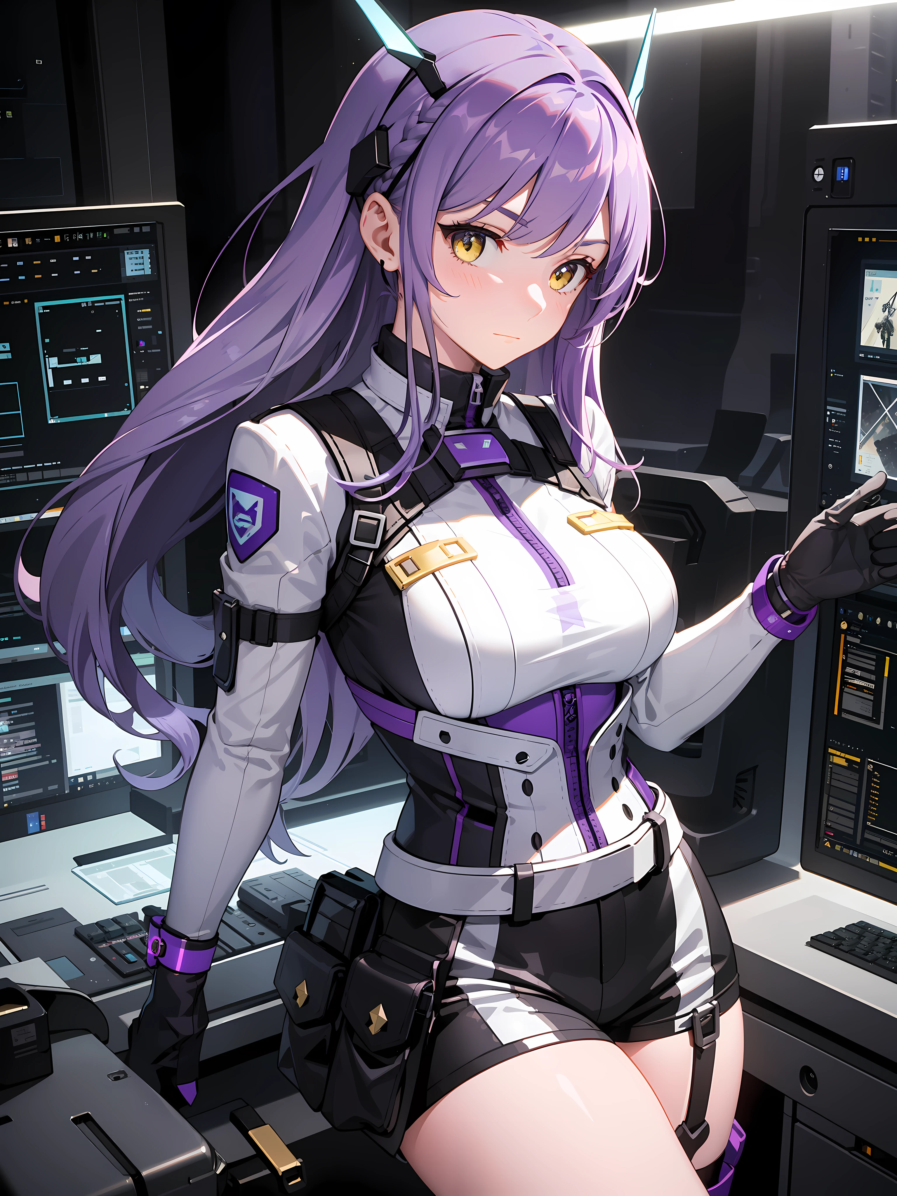 complex anime 3d render ultra detailed, (((masterpiece))), (((best quality))), ((ultra-detailed)),(3D Cartoon rendering),(from side),cinematic light,((single mechanical girl,alone)),({best quality}),(Ultra Fine),(full detail),delicate youthful face,well_developed curves,hourglass_figure,perspective,beautiful_face,high_quality_outfits,futuristic_outfits,silght_blush,full_body,full detail face,protective outfits,Honkai_Star_Rail,anatomical,Ray Tracing,Isomeric_view,;

(purple hair with dark purple syreaks:1.5),indigo hair tips,two strand of deep violet hair framing face,violet ahoge, (waist-length flowy hair sorted into two parts on back),(one sharp triangle-shaped white mechanic head ornament at left side);(shiny reflective yellow eyes:1.9, cross pupil),yellow goggle on headwear,golden hexagon necklace

Futuristic dress outfit,mechanic gadgets,elegant and modest outfits,black collar,black long slender sleeves,white short cape on back,black arm bracers,white bracelets,black gloves,white vest,white tanktop with violet lines,black mechanic corset with a pair of golden buttons,golden square badge on breast,violet zipper,violet traces, violet gadget holster attached to waists,white waist pack,violet waistband,(white scifi armor skirts,knee-length asymmeric segmented hems),(black streamline plain tassets),violet knee-length dress,black shorts,(black and violet pantyhose),golden mechanic gartener belt around left leg,silver waistband with gadget holsters,knee bracers;silver mechanic boots,heeled boots;

calm expression,brooding,stretching hands,standing,looking forwards

Night,Alone in white scifi command room with toolstands,standing in a spaceship,beside a workbench,starry sky visble through window in background, (starry sky:1.2),dreamy, [[delicate fingers and hands:0.55]:0.85],(detailed fingers)