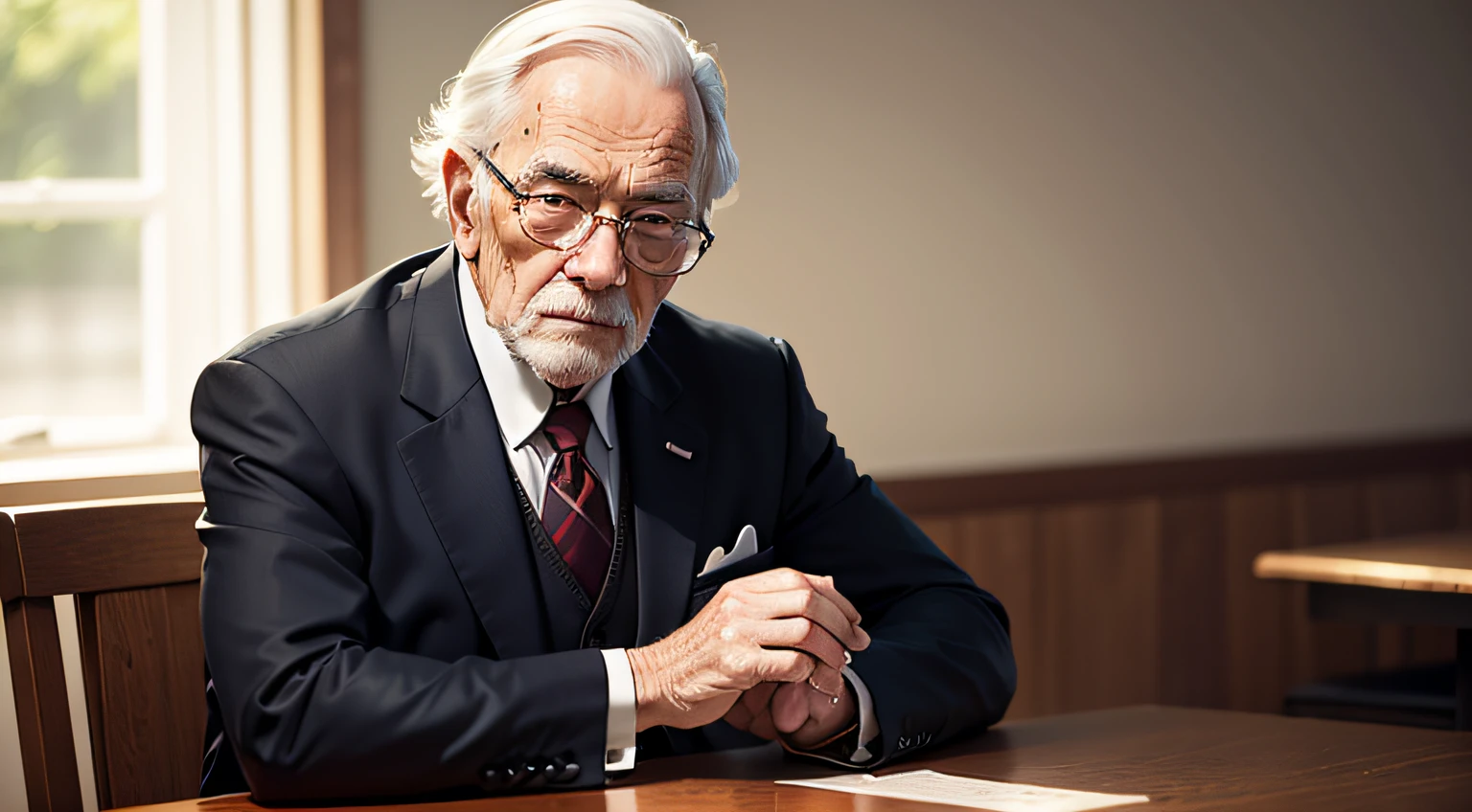 Old man looking forward dressed in suit sitting at a table --auto
