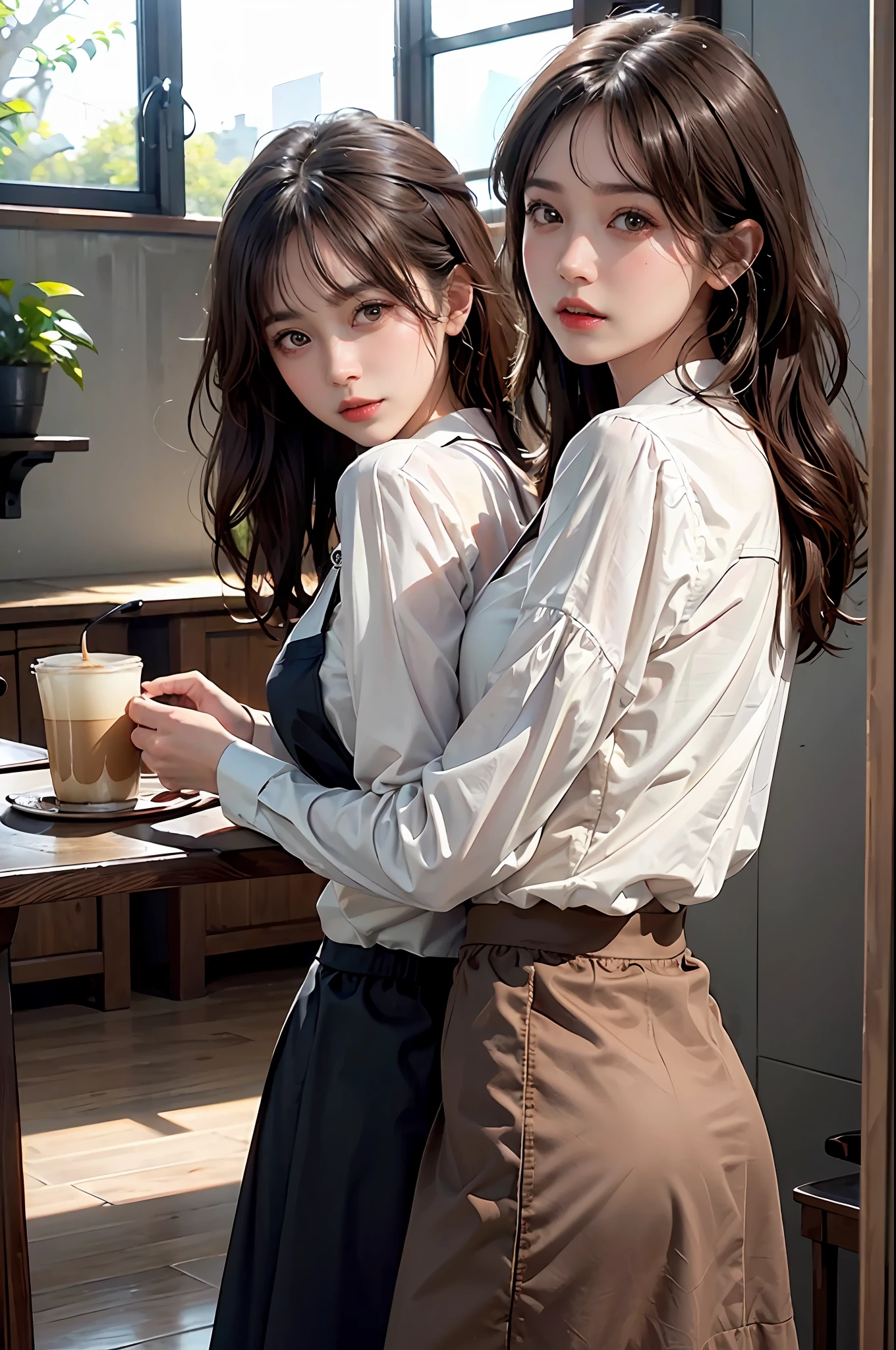 Cafe clerk woman 1what, (Masterpiece: 1.3), (8k, Photorealistic, RAW photo, Best Quality: 1.4), (1girl), Shallow depth of field, Face in focus, Soft focus, Beautiful face, (Backlit: 1.5), (Ambient: 1.3), (Realistic Face), (Black hair, medium short: 1.3), Loose wavy hair, Short bangs, Realistic eyes, dark brown pupils, highlights in pupils, beautiful detailed eyes, (plenty of natural light), (realistic skin), beautiful skin, (blouse with white collar), (tie), café apron, (flared skirt), (pumps), watch, small handbag, absurd, attractive, ultra high resolution, ultra realistic, high definition, golden ratio, detailed dining café background, coffee brewing, Carrying coffee on a tray, backlit by the back window, faint skylight with natural light, natural light from diagonally in front of the face