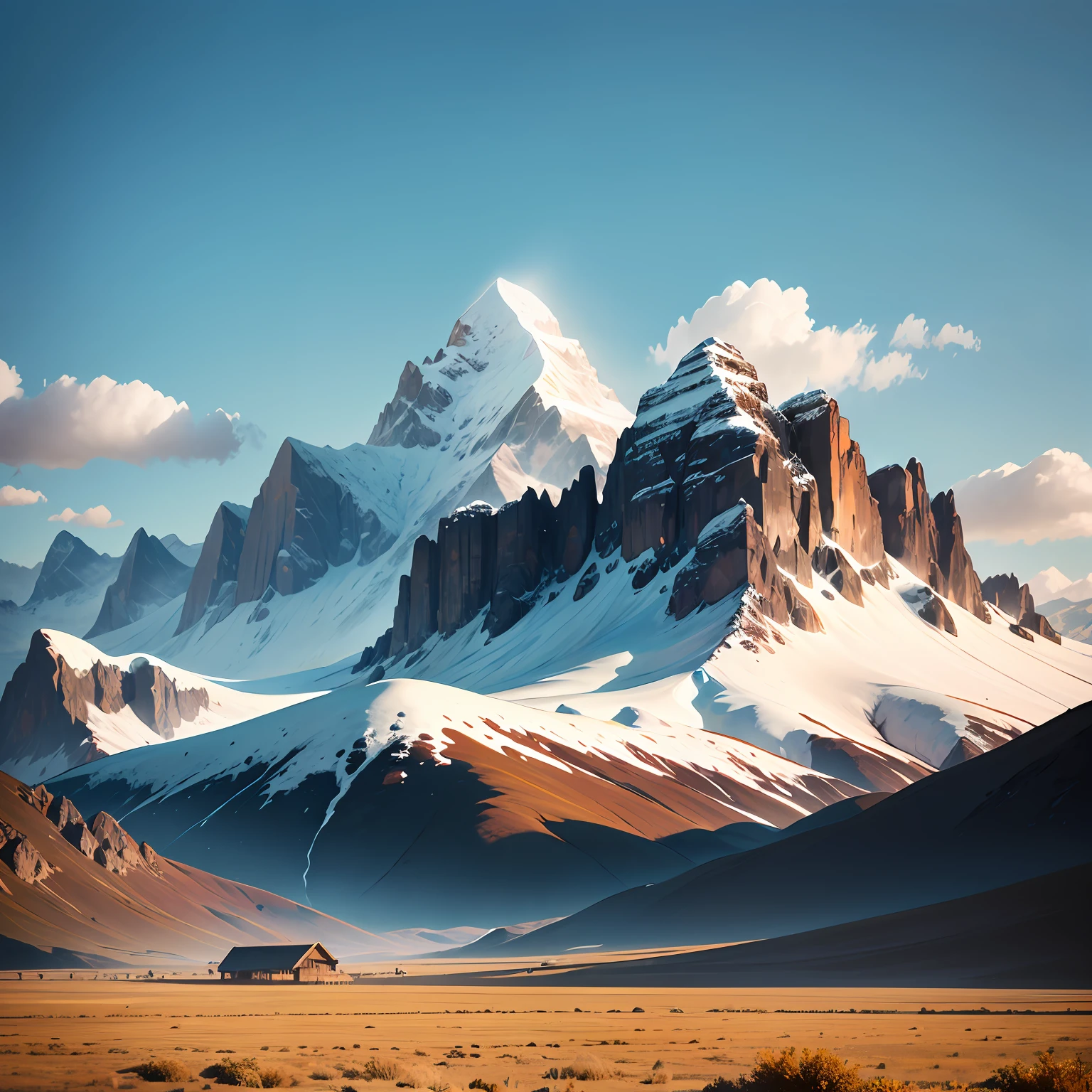 Big grasslands, blue sky, mountain peaks, snow on the tops --auto