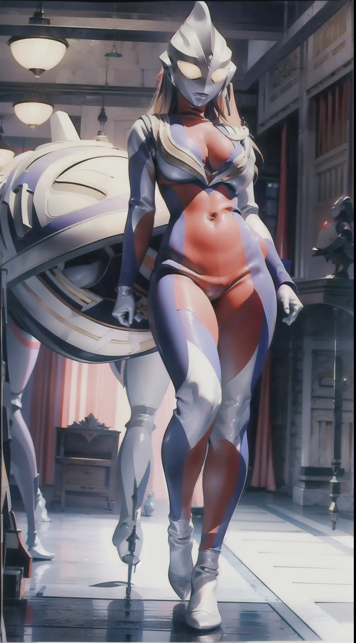 ((((Simon Beasley))), mature woman 35 years old sexy beauty, (((full body)))), giant robot pilot, wild with perfect body, bare thighs, blonde hair, wearing small clothes, dark blue clothes with white stars, red with white stripes, small tong, hoarse with American flag colors, sexy pose, posture and attitude, add action, room, technical landscape, full, big, enchanting, black stockings, exposed panties, camel toes