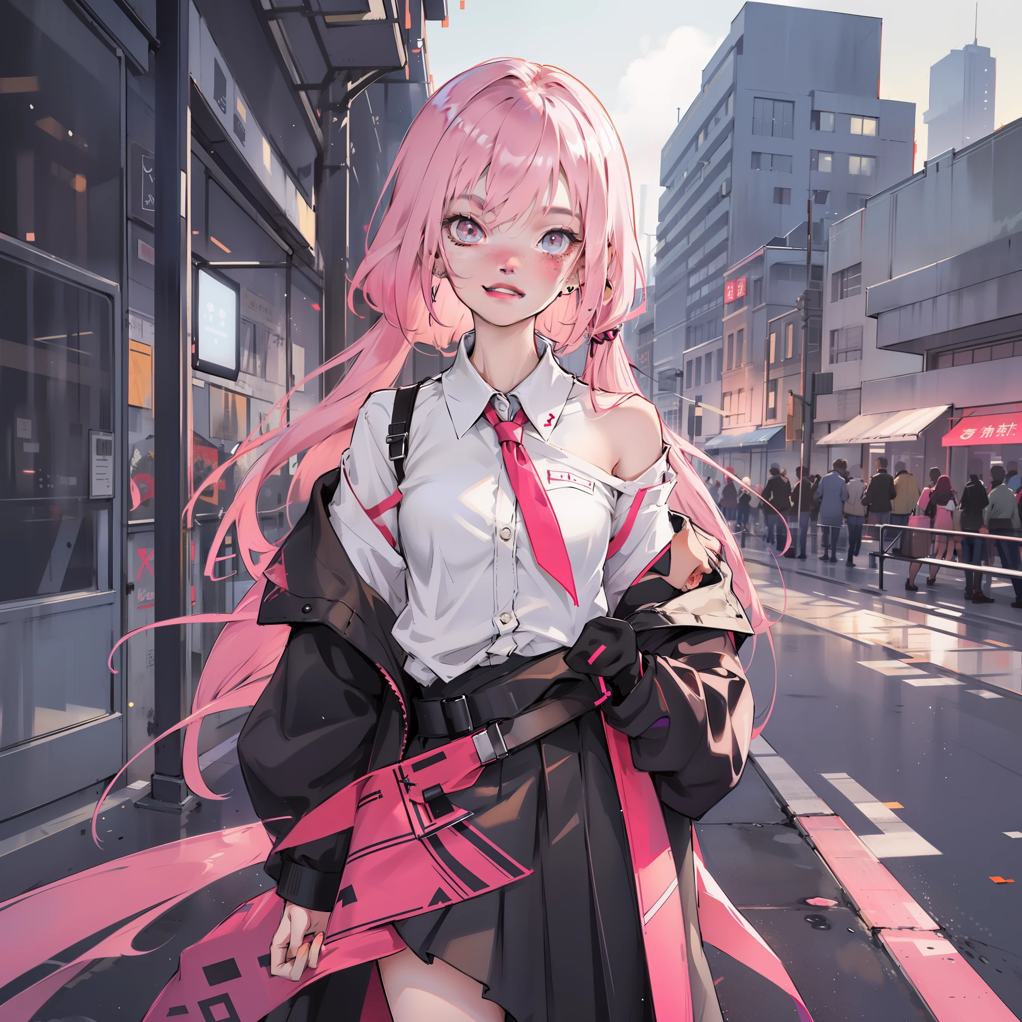 Pink hair, long hair, loli, smiling, dressed in Gothic doctor's costume, standing on a dark and uninhabited street, fog floating nearby, wearing a garland on her head