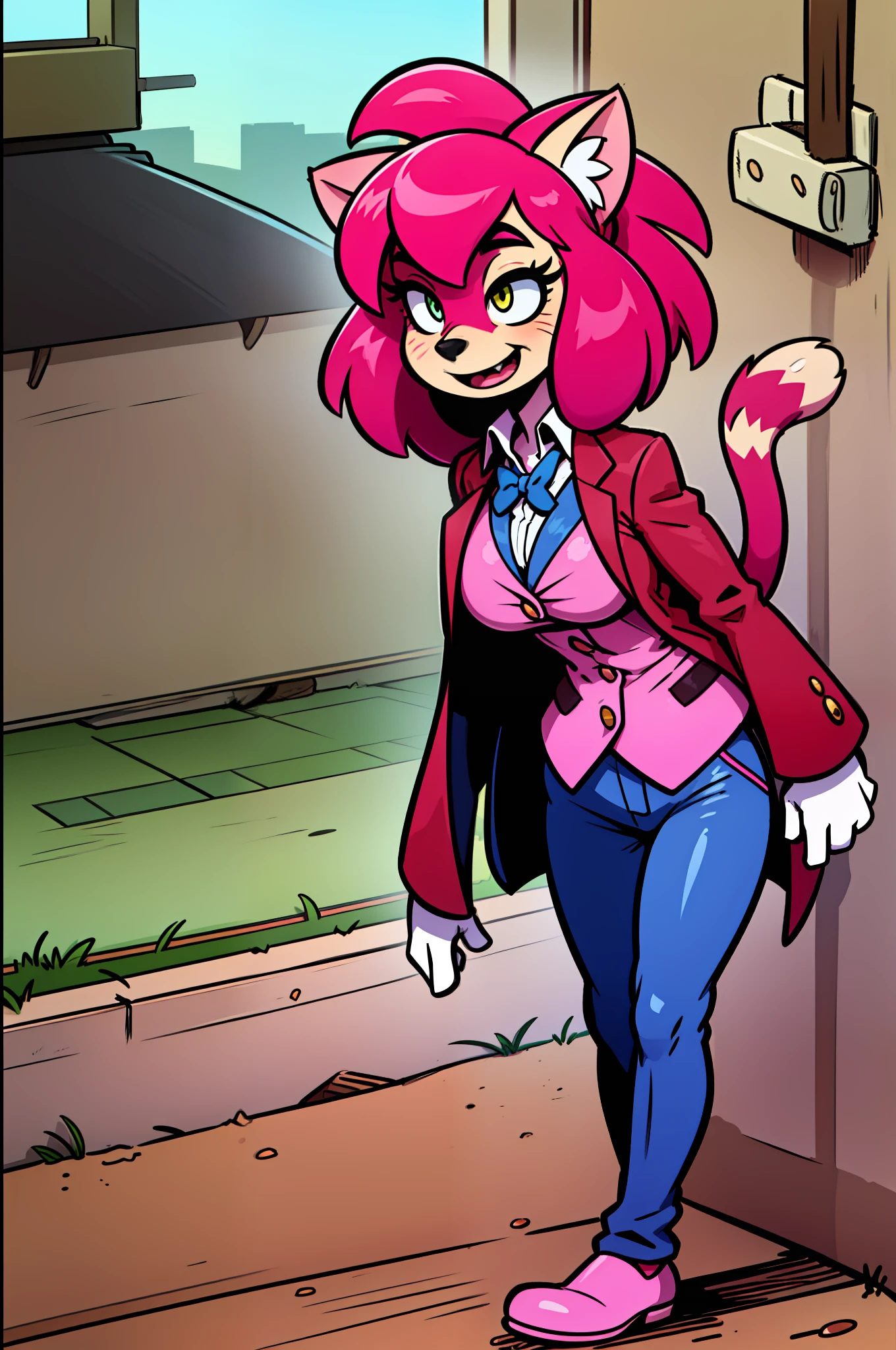 catgirl, furry, toon, cartoon, pink hair, walking,, lion tail, cat ears, animal nose, coat, vest, smile