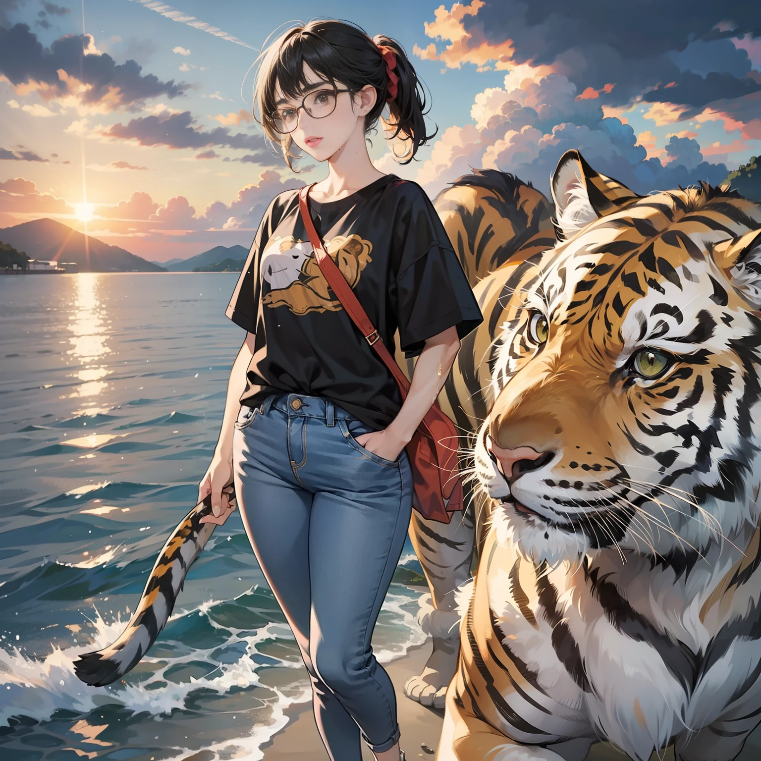 1 girl and 1 tiger, {{{Giant tiger},walking, {{{Short hair}}, clouds, overcast sky, outdoors, travel, sky,dusk,pleasant breeze, planet,kagawa, seto inland sea,jeans, chest, solo, bangs, {{disheveled hair},{{{thick eyebrows},big nose,look, tiger, big t-shirt,grey, black hair tied back,black-rimmed glasses, full body, small,{{{short stature}}}}, broad shoulders, {{{Big-headed}}},sun, ochre sneakers, animal, wet, blue jeans,, one hand back, {{{{Walking with a tiger}, {{{Giant tiger}}}, dynamic placement, dynamic angle, 8k, {{{Masterpiece}}},