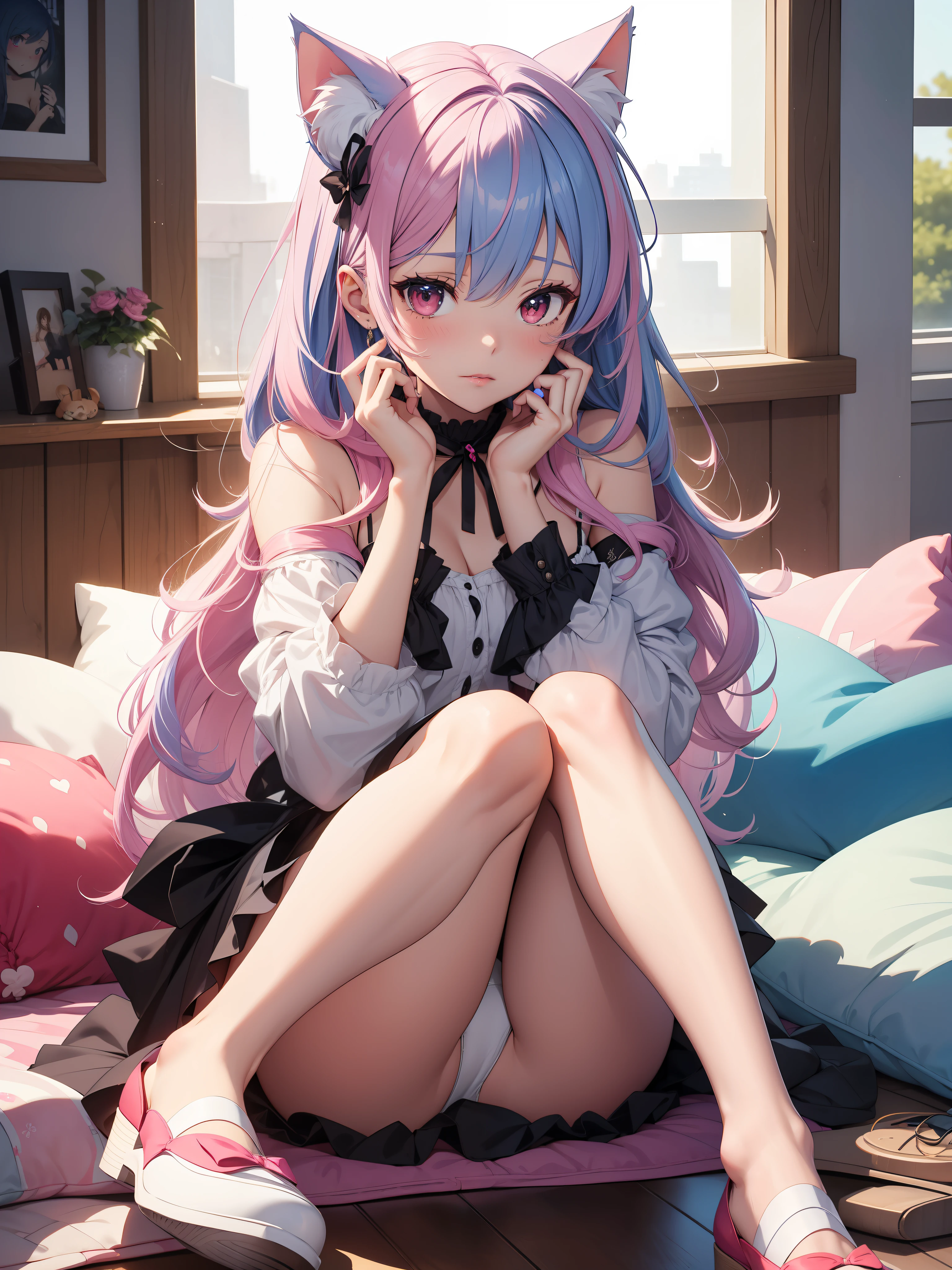 Absurdity, super detail, masterpiece, top quality, break, official art, (beautiful and aesthetic: 1.2), (watercolor: medium), break, devilish beautiful girl, beautiful girl, (cute: 1.3), , break, colorful hair, splash, (mixed blue and pink hair: 1.2), (fractal art 1.3), break, cat ears, sexy, break, shoes, doll, break, white bikini, break, red eyes, break, sideways, watch viewer, break, plush bed, break, shy, nervous, blush, break, showa gravure, break