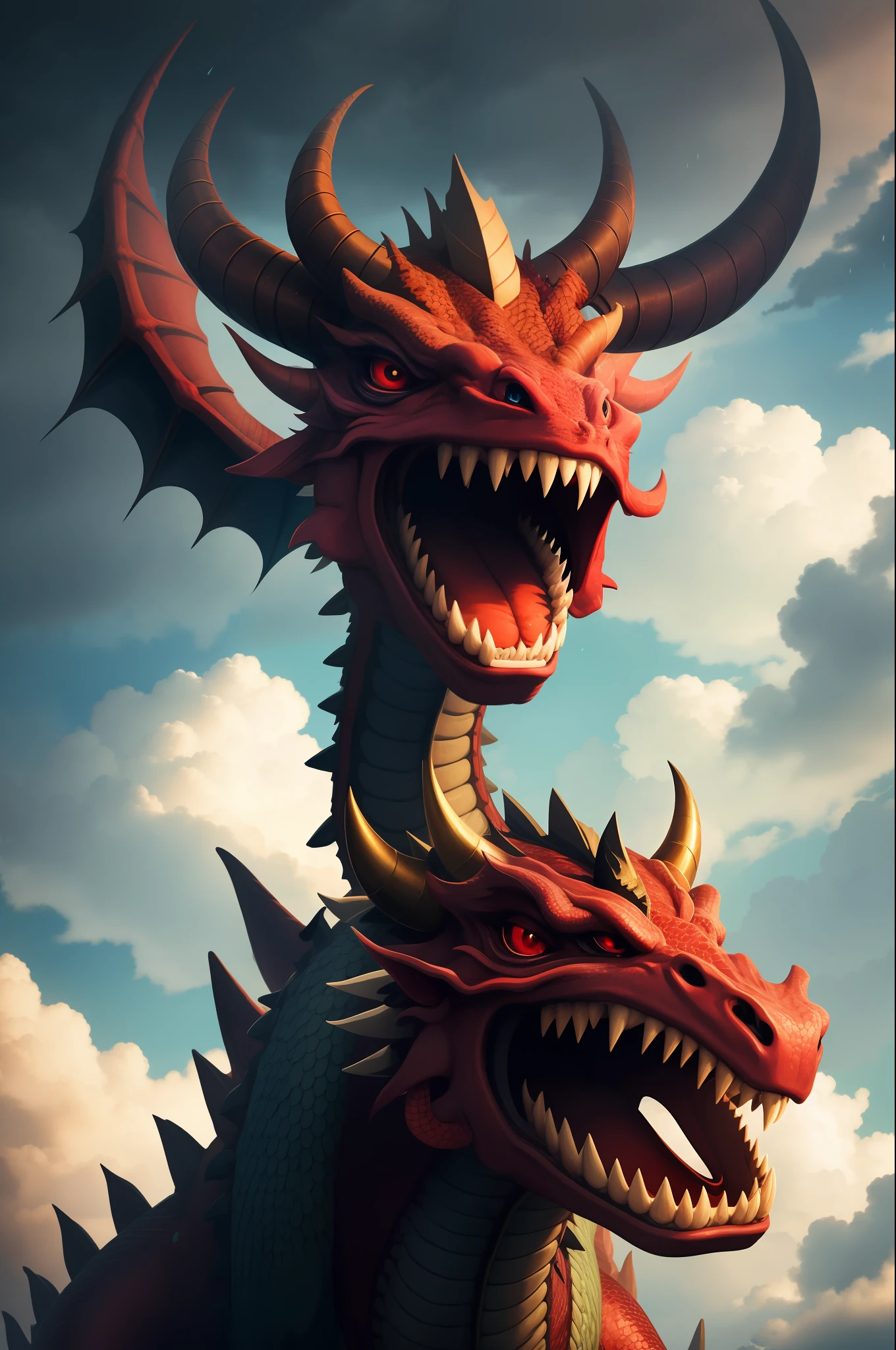 Best quality,masterpiece,ultra high res, (long:1.2),no humans, cloud,  red eyes, (lighting horns), open mouth, sky, fangs, eastern dragon, cloudy sky, teeth, flying in the sky, raining,