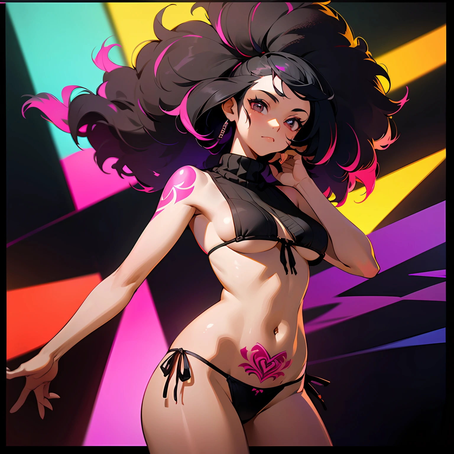 colorful virgin destroyer sweater, 1girl, ((dark skinned)) solo, navel, (((closed mouth))), side-tie panties, underboob, Big boobs, highleg panties, octane render, realistic, blacklight, 1girl, (multicolored hair:1.3) (small Afro), tattoo, best quality, ultra high res, (((photorealistic:1))), mature female,
() --auto