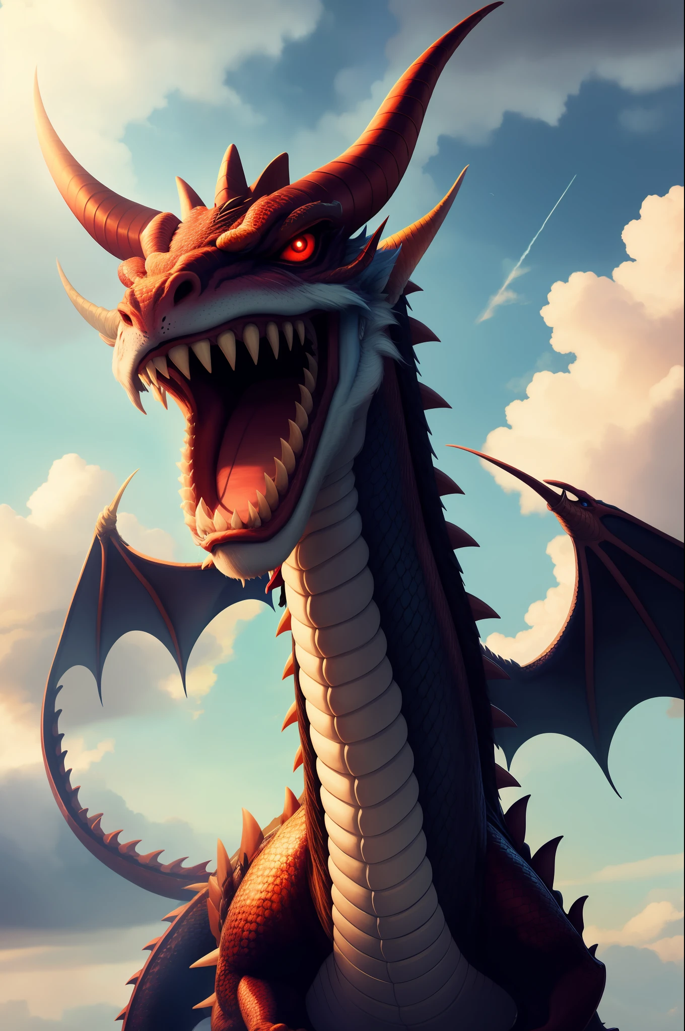 Best quality,masterpiece,ultra high res, (long:1.2),no humans, cloud,  red eyes, (lighting horns), open mouth, sky, fangs, eastern dragon, cloudy sky, teeth, flying in the sky, raining,