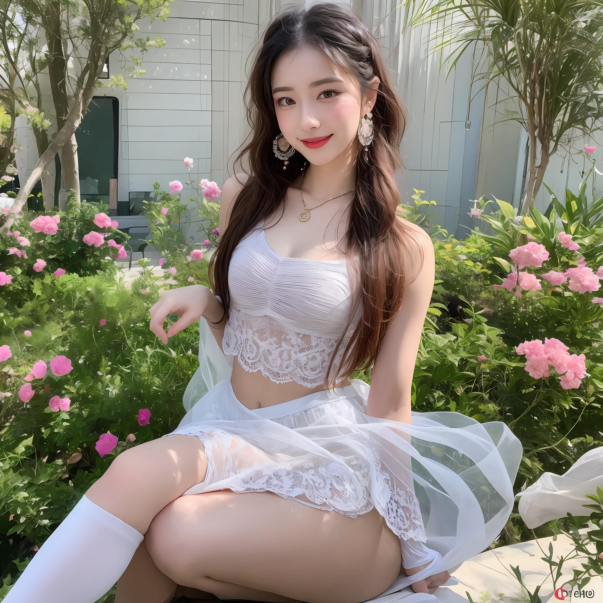 Master works, best image quality, (higher quality), high detail, ultra-high resolution, 8k resolution, full-body lens, delicate facial features, perfect face, glowing skin, female, flight attendant, thick eyebrows, wide eyes, blushing, shyness, smile, hair over the shoulder, brown hair, twisted braids, small flowers on the head, earrings, necklace, wavy head, maid outfit, sleeveless transparent top, transparent pleated skirt, open shoulders, lace, high heels, over-the-knee transparent socks, sitting sideways, hands behind you, facing the viewer, summer, seaside, summer festival