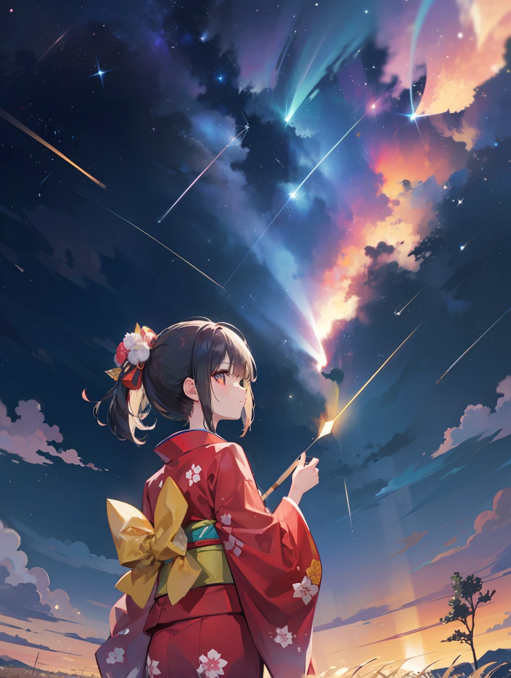 One, distant girl in kimono staring at the stars (reduced: 1.1), (meteor shower: 1.2), (comet: 1.1), your name, low angle, from behind, arrow labrealis shooting star, yukata, red kimono, highest quality standing in the field, masterpiece, clouds, colorful, starry sky, stars, tanabata