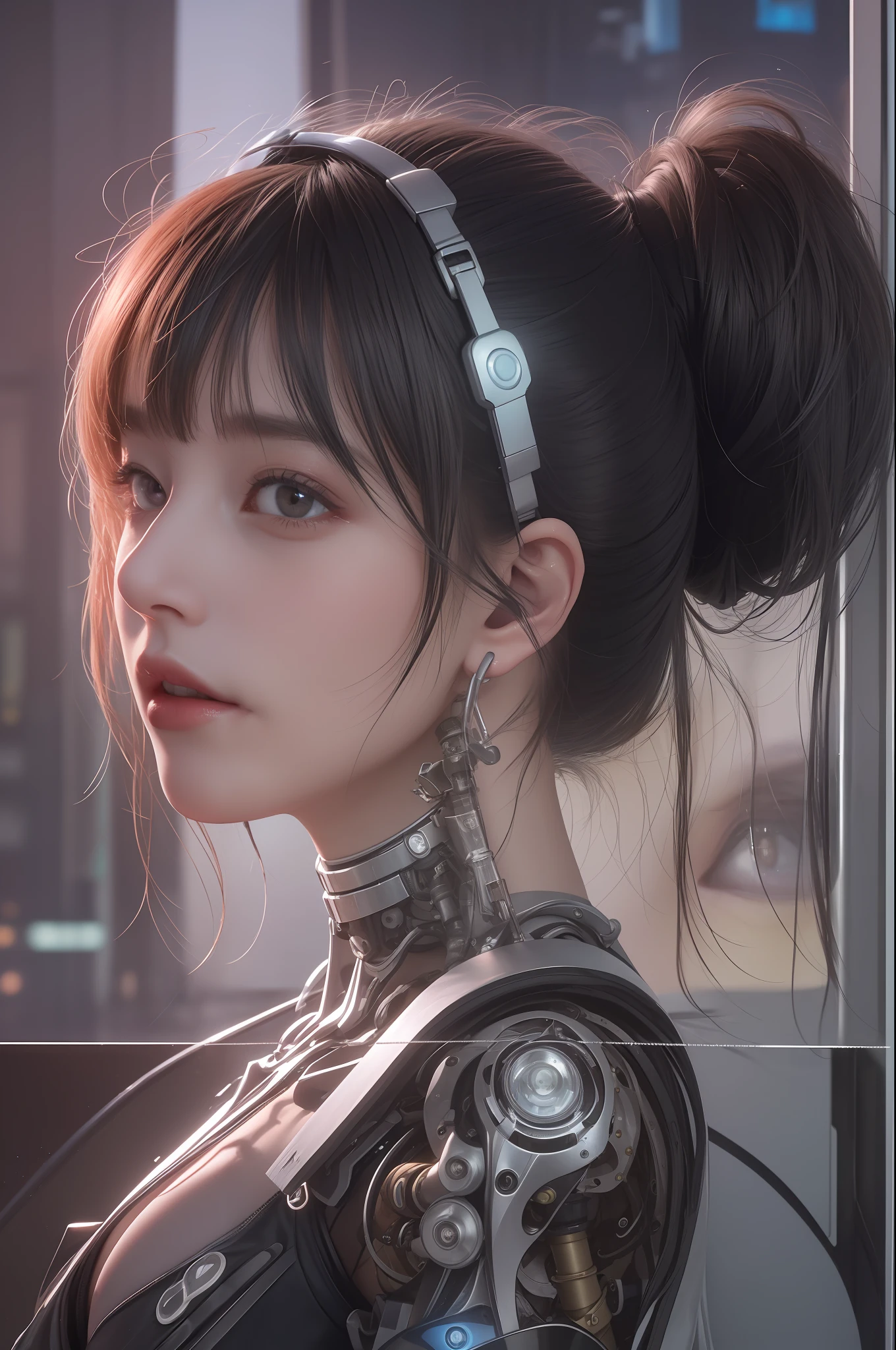 City of the Future, (Raw photo: 1.2), (Photorealistic: 1.4)) Top quality masterpiece, very delicate and beautiful, highly detailed CG, Unity, 8k wallpaper, fine details, cute, highest quality, ultra high resolution, (Photorealistic: 1.4), Raw photo, 1 girl, black hair, shiny skin, 1 mechanical girl, (((Ultra realistic details)), portrait, Global illumination, shadows, octane rendering, 8K, ultra sharp, big, cleavage exposed raw skin, metal, intricate ornamental details, headsets, hydraulic cylinders, highly intricate details, realistic light, CGSoation trend, purple eyes, glowing eyes, facing camera, neon details, mechanical limbs, blood vessels connected to tubes, mechanical vertebrae that attach to the back, mechanical cervical that attach to the neck, wires and cables that connect to the head, Evangelion, cyberpunk, small LED lamps,