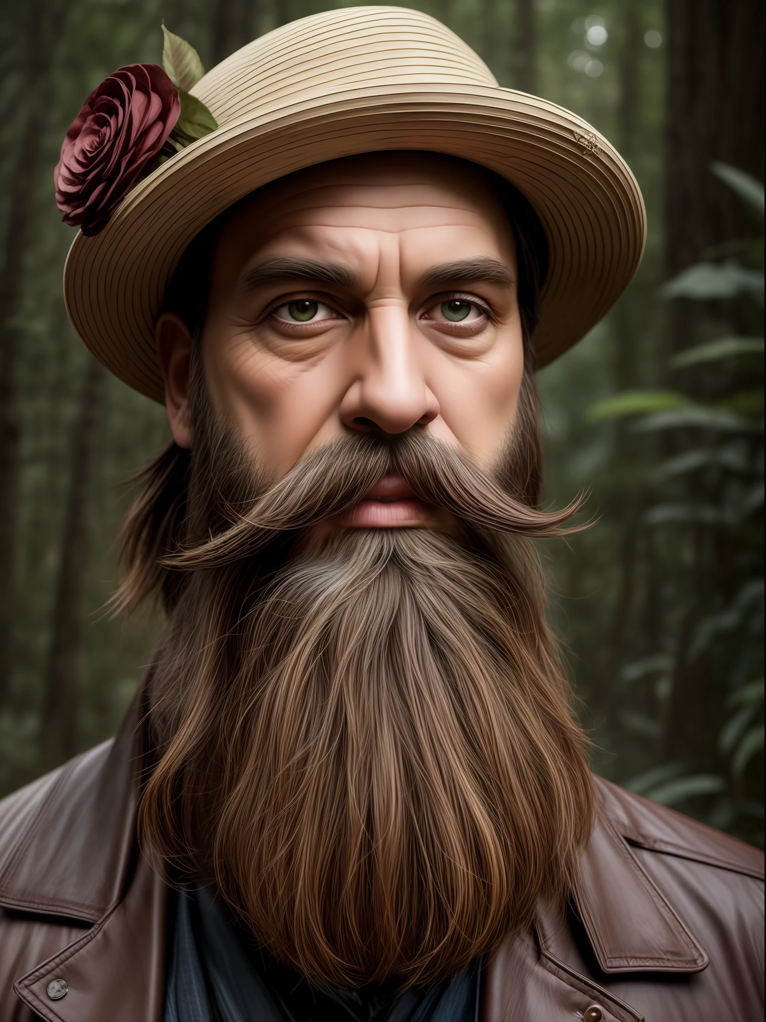 **Immerse yourself in the closeup world  of a long bearded man with a felt hat and a mustache, flowers in his beard, in the style of fantasy worlds, forestpunk, 2d game art, edmund leighton, esao andrews, characterful animal portraits, stark visuals detail ,Artists studio backdrop. Photographed by David bailey using Hasselblad’s flagship mirrorless medium format camera X2D 100C. 1000mps ,bold vibrant colours