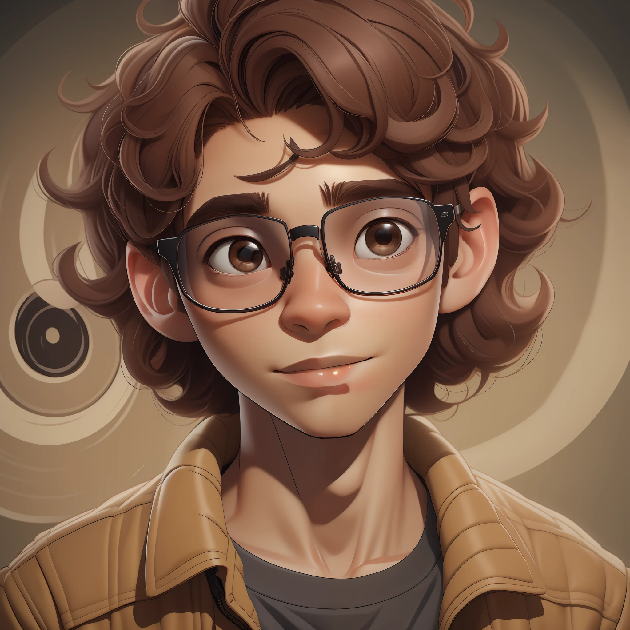Visual character,hand-drawn and hand-painted comics,animation,cinematic,soft aesthetics with room for contrasts,use the color black in a reserved way,A young man wearing glasses and a brown jacket,about 18 years old,short wavy brown hair,brown eyes,3d animation.