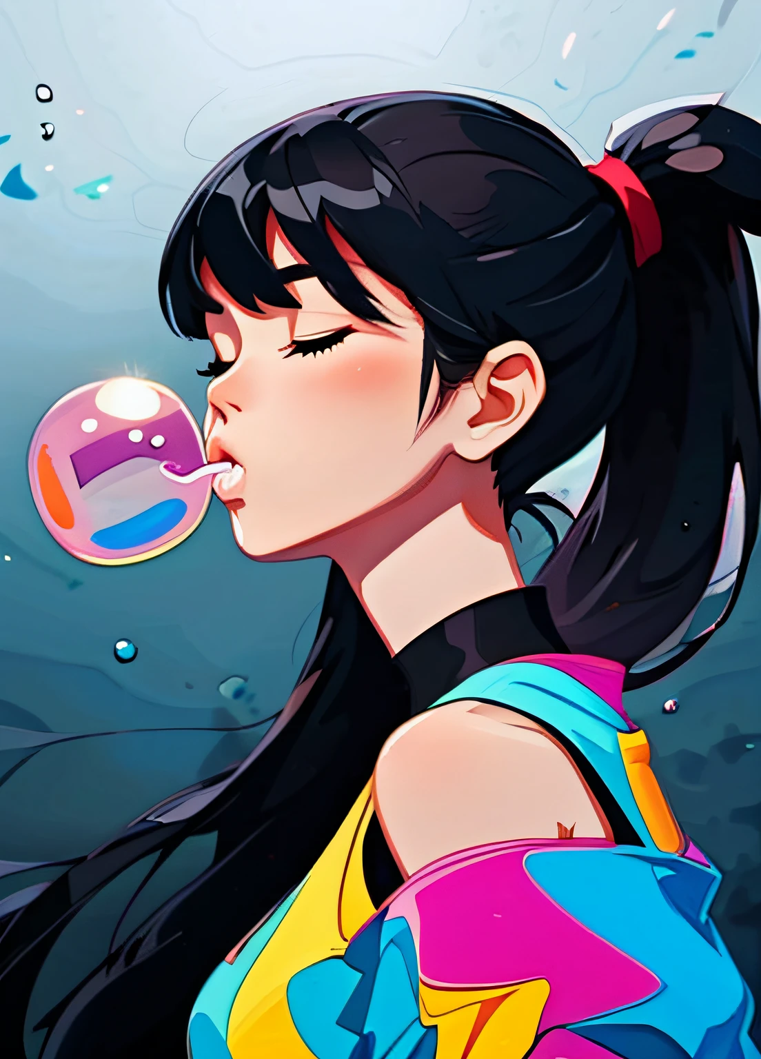 1girl, solo, long hair, breasts, bangs, eating a floating  bubble, simple background, black hair, dark background, bare shoulders, closed eyes,  ponytail, crop top, upper body,
