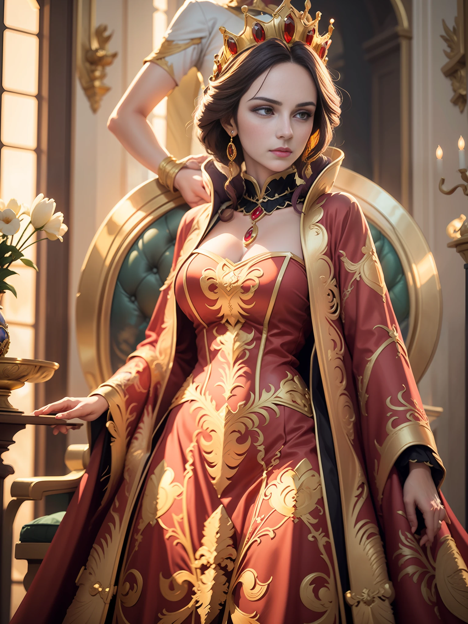 best quality, masterpiece, detail, intricate details, realistic cinematic lighting, (fantasy art: 1.6), (ceza: 1.1), (façade: 1.2), upright, royal, majestic, queen, (huge and golden thrones: 1.4), crown, close up front, solemn, throne, upright posture, serious, dignity, gaze ahead, contemplation, jewelry, solo, divine light, 1 woman, (gold and red dresses:1.2), golden palace,mirelia