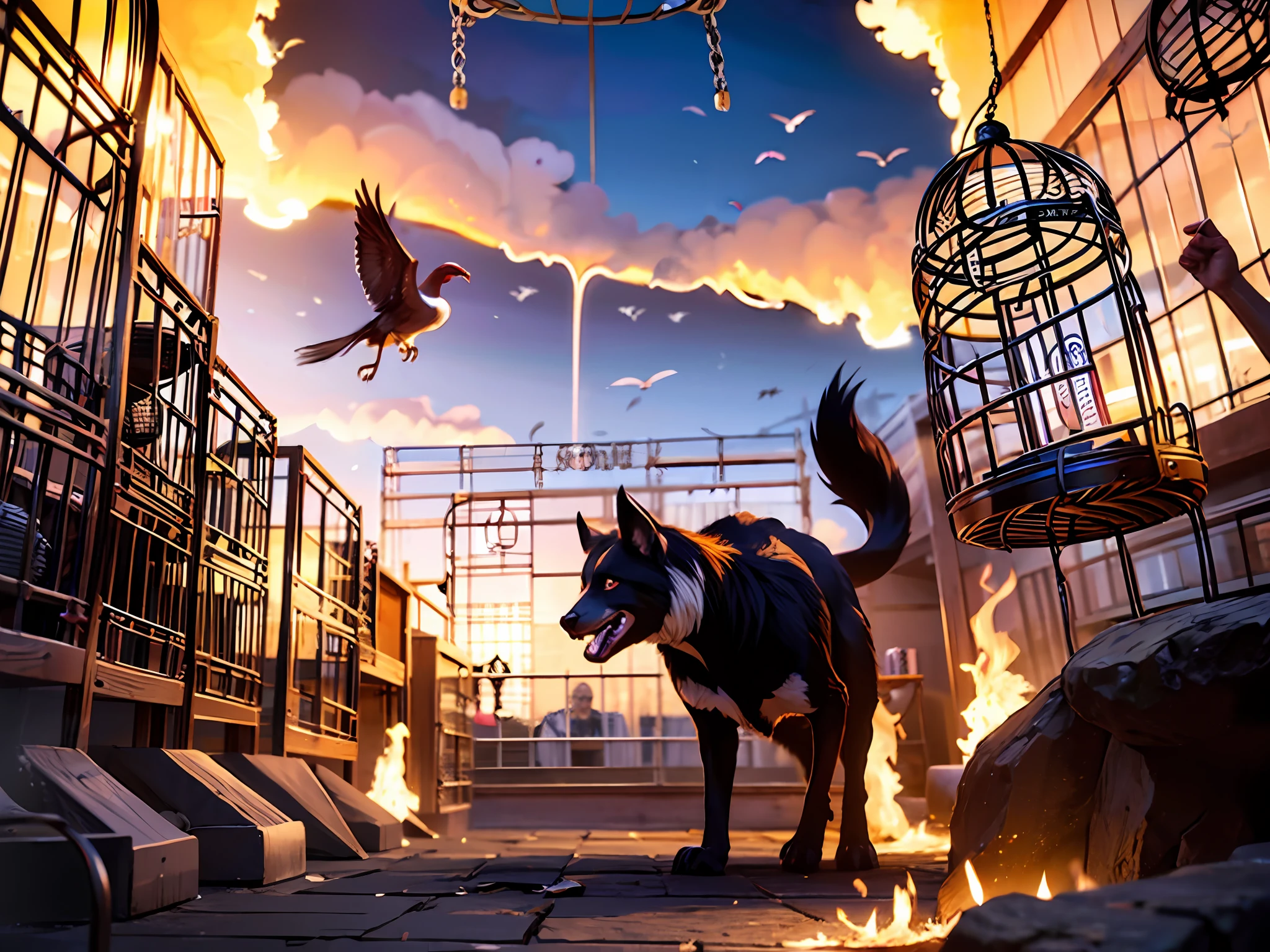 Mythical beasts come out of their cages and fly in the sky, (broken cage:1.5),clouds, lightning, flames, tornadoes, a lot of details