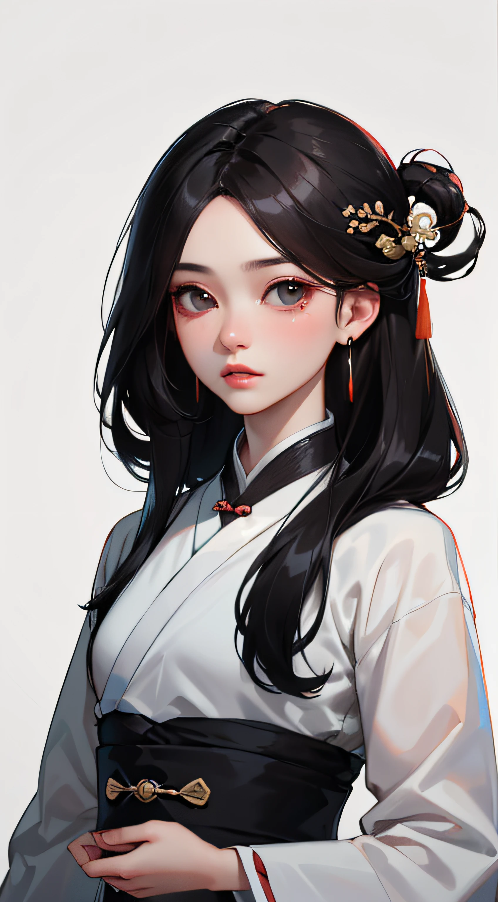 (Masterpiece, Top Quality, Best Quality), ((Wuxia World, Xiuxian, Chinese Wuxia,)), (1 Girl Solo), close-up, (Gentle eyes), (Hanfu, tulle streamer), (Hairpin, Long Black Hair), (Hanfu), Light Pink Lips, (Young), Earrings, White Skin, (Clear Facial Features, Detailed Skin Texture, Beautiful Face, Facial Highlight, Above the Waist Up), White Background, Standing, Slim Figure, 8K UHD, DSLR, Soft Light, High Quality, High Resolution, (Very detailed CG unity 8k wallpaper)