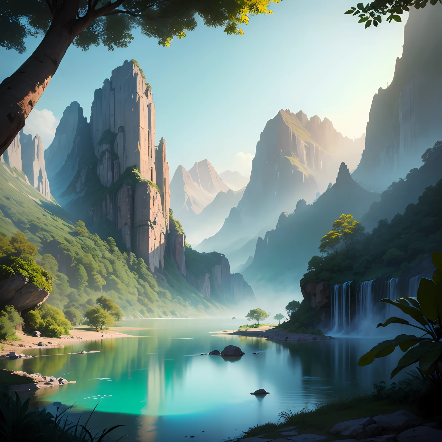 Lake with crystal clear waters surrounded by mountains with jungle. Digital painting, artstation, concept art, soft focus, sharp, illustration. --auto
