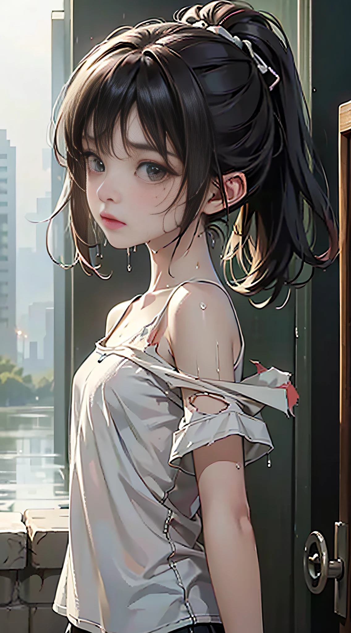 best quality, masterpiece, ultra resolution, (fidelity:1.4), photo, 1 little ,[(sad)],white shirt, dim, darkness, despair, pity, pity, poor, movie, ( torn clothes: 1.5), (wet clothes: 1.4), bare shoulders, real rain, wet hair,