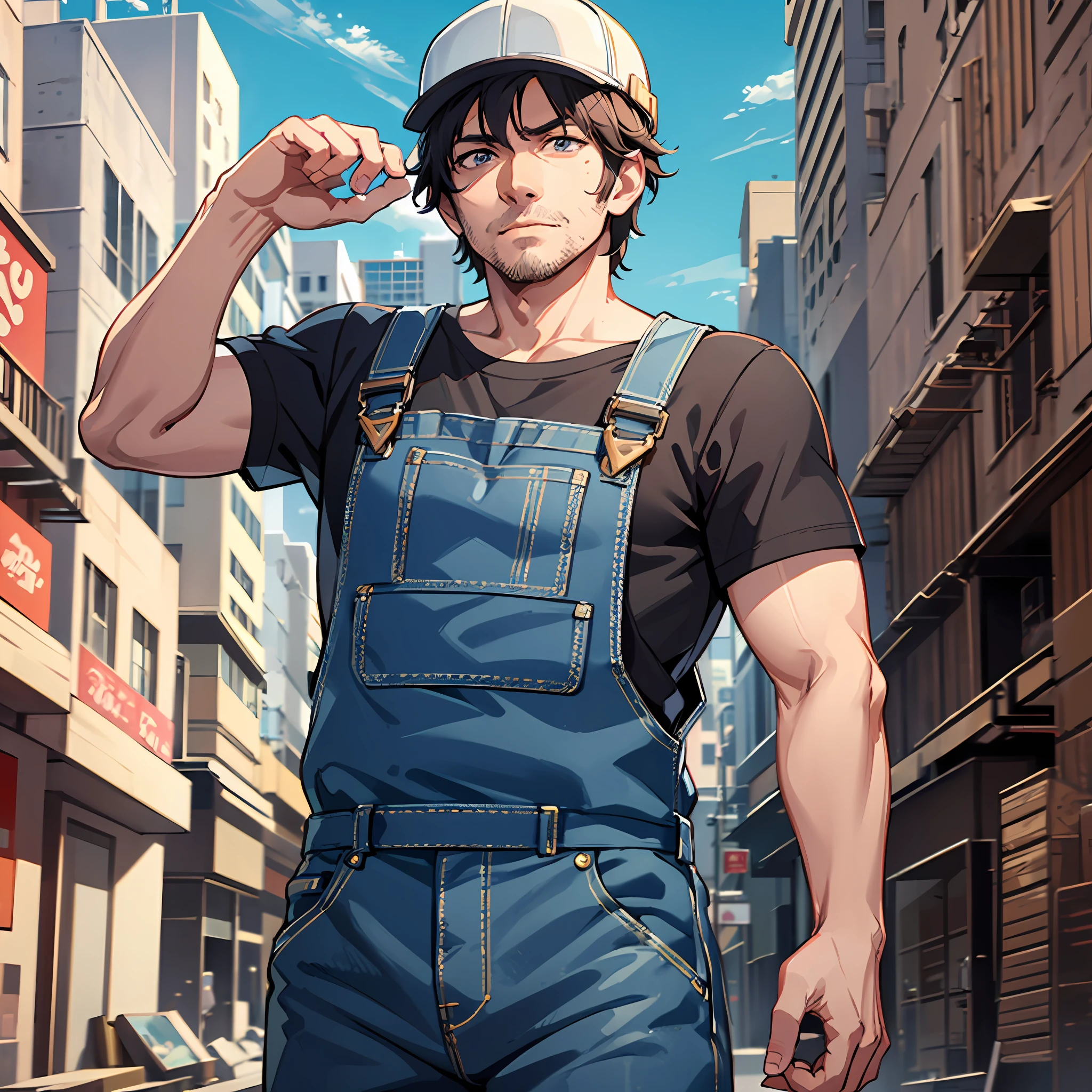 A handsome and dashing middle-aged man with short hair, wearing migrant workers' overalls, wearing a hard hat, moving bricks on the construction site, delicate facial features, clear facial expressions, detailed digital animation art, digital animation art, high-quality anime art style, handsome anime pose, smooth anime CG art