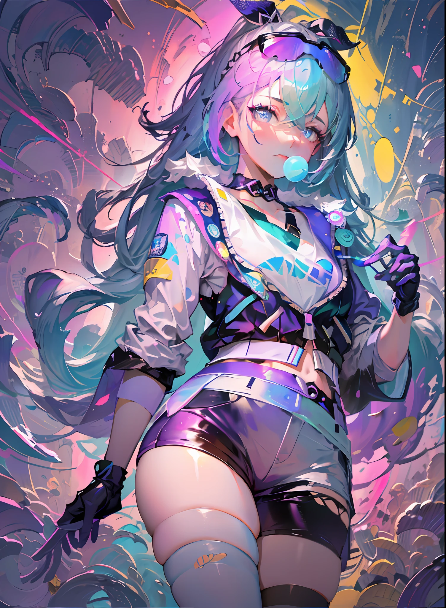 full body, 1girl, ****, solo, Eye focus,Masterfully crafted Glow, pink lens flare, Cinematic background,colourful, hyper details, hdr, ultra detailed eyes, mature, plump, rainbow painting drops,(supermodel:1.3), made up from paint, entirely paint, splat, splash, indoors, (bioluminescent hair:1.1),(glowing eyes),  ((makeup)), fierce, powerful, splashes of colour absolutely eye-catching, dynamic angle, beautiful detailed glow, ambient occlusion, ambient light, raytraced reflections, retro style, living arcade characters, arcade style world, gloves, jacket,weapon, shorts, black gloves, black jacket, gun, drill hair, black shorts, eyewear on head, bubble blowing, chewing gum, (Cute face:1.3), --s2