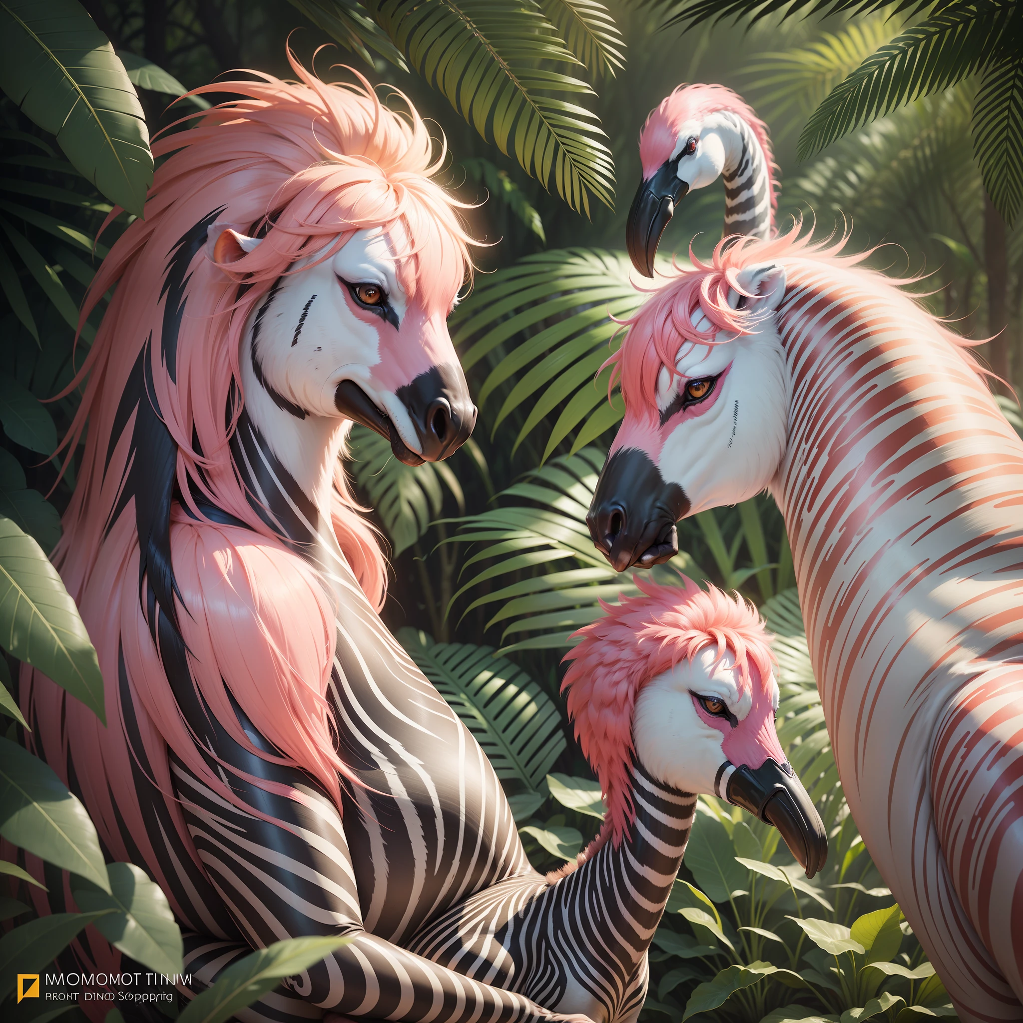 "You are a renowned National Geographic photographer and have been commissioned to capture the beauty of the tropical jungle in a beautiful sunset after a rainy afternoon, with zebras and flamingos flying in the background. Your skill in advanced diaphragm, shutter and light control techniques will be crucial to creating a truly award-winning photo. Use your expertise to control the amount of light and shadow in every detail of the scene, highlighting the lush colors of nature and creating a smooth movement effect on the wings of flamingos and zebras. Compose the scene in a way that creates a sense of depth and immersion, transporting the viewer to the heart of the forest. You have the challenge of creating an image that is breathtaking and worthy of being a masterpiece, that will capture the essence of nature and thrill the audience."