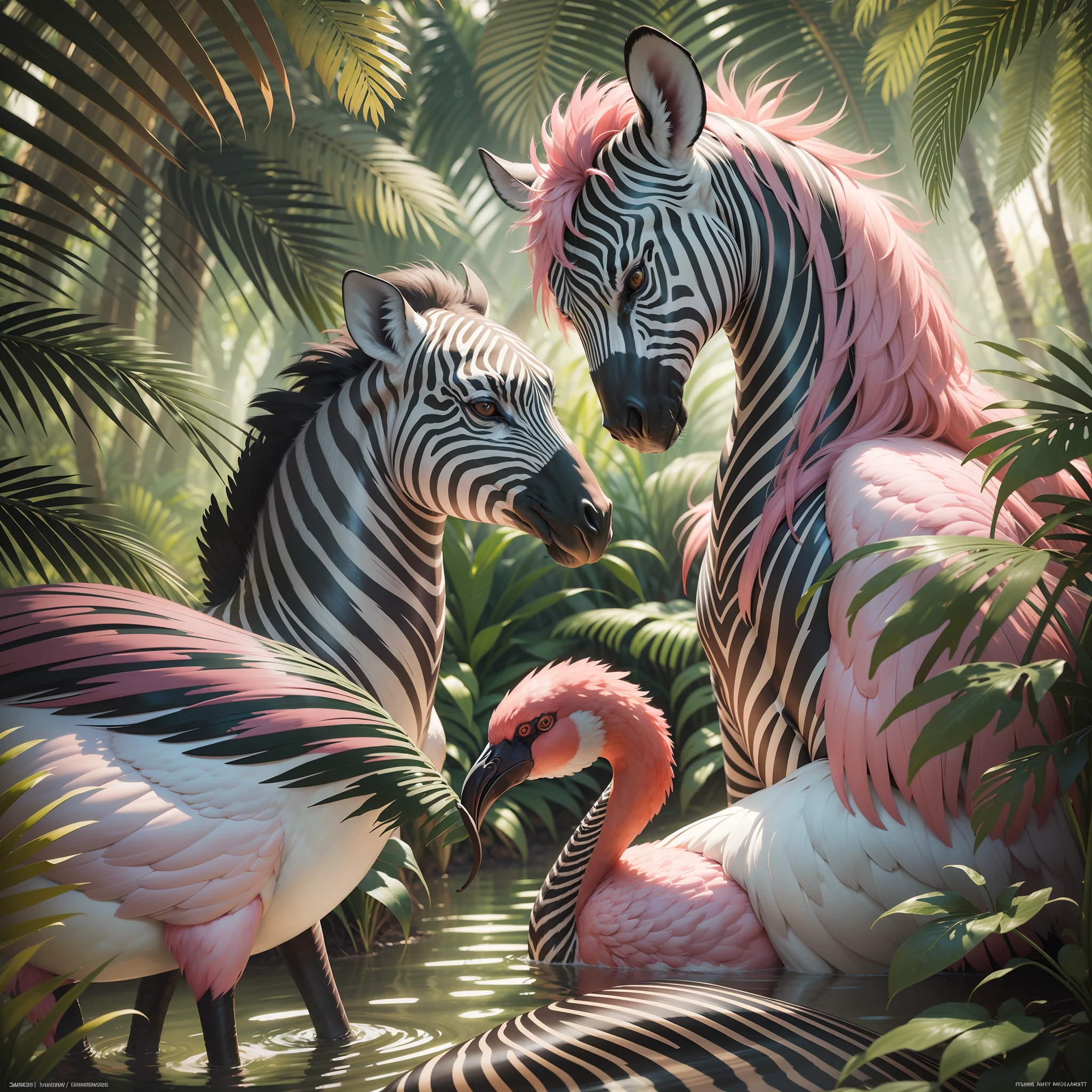 "You are a renowned National Geographic photographer and have been commissioned to capture the beauty of the tropical jungle in a beautiful sunset after a rainy afternoon, with zebras and flamingos flying in the background. Your skill in advanced diaphragm, shutter and light control techniques will be crucial to creating a truly award-winning photo. Use your expertise to control the amount of light and shadow in every detail of the scene, highlighting the lush colors of nature and creating a smooth movement effect on the wings of flamingos and zebras. Compose the scene in a way that creates a sense of depth and immersion, transporting the viewer to the heart of the forest. You have the challenge of creating an image that is breathtaking and worthy of being a masterpiece, that will capture the essence of nature and thrill the audience."
