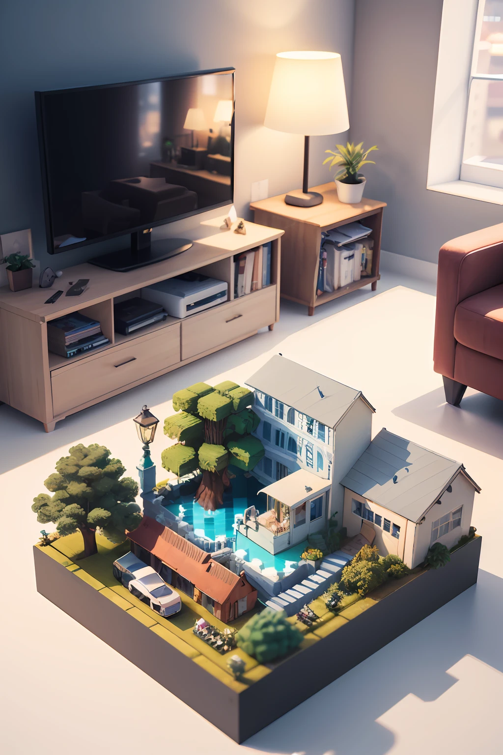 (Isometric perspective:1.5),(Pixar style:1.2), Room, bed, sofa,(small bonsai:0.8),desk lamp, TV, mural, 3D,Disney,Panoramic photo,White background, solid background,Global illumination, raytracing, modeling,HDR,octane render,unreal render,behance,dribbble,artstation,best quality, 8k,