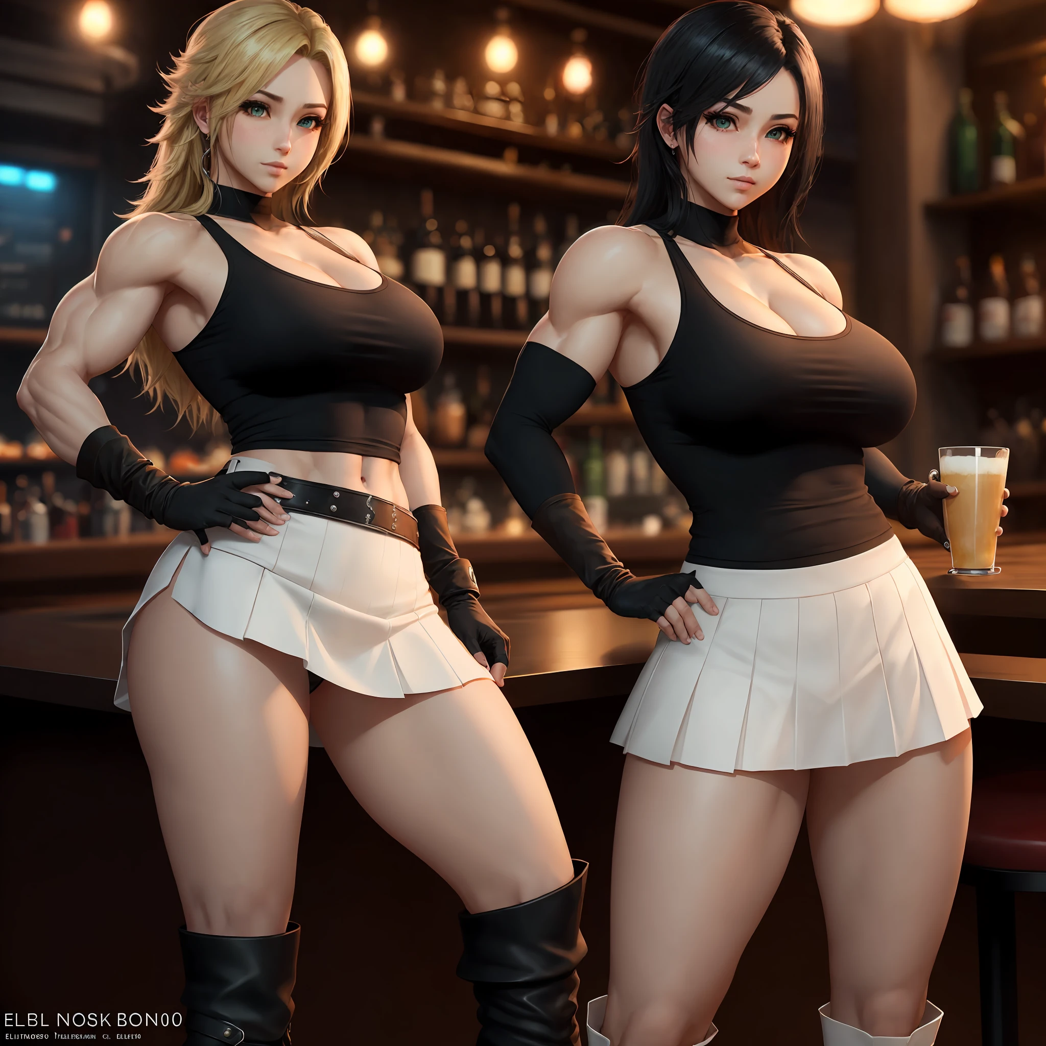 Final Fantasy VII, (blush nose), single elbow, ankle boots, blonde hair, white skirt, black thighs, red boots, elbow gloves, elbows, fingerless gloves, tense shirt, no bra, no panties (suspended black skirt), thighs, white tank top, top body is hyper-realistic muscle thicc and hyper largest_breasts!! with boobs_melons type, black hair, full body, look at the viewer, posing standing at the bar, sensual mouth, makeup, bokeh, best quality, masterpiece, highres, UHD, 1080P --auto