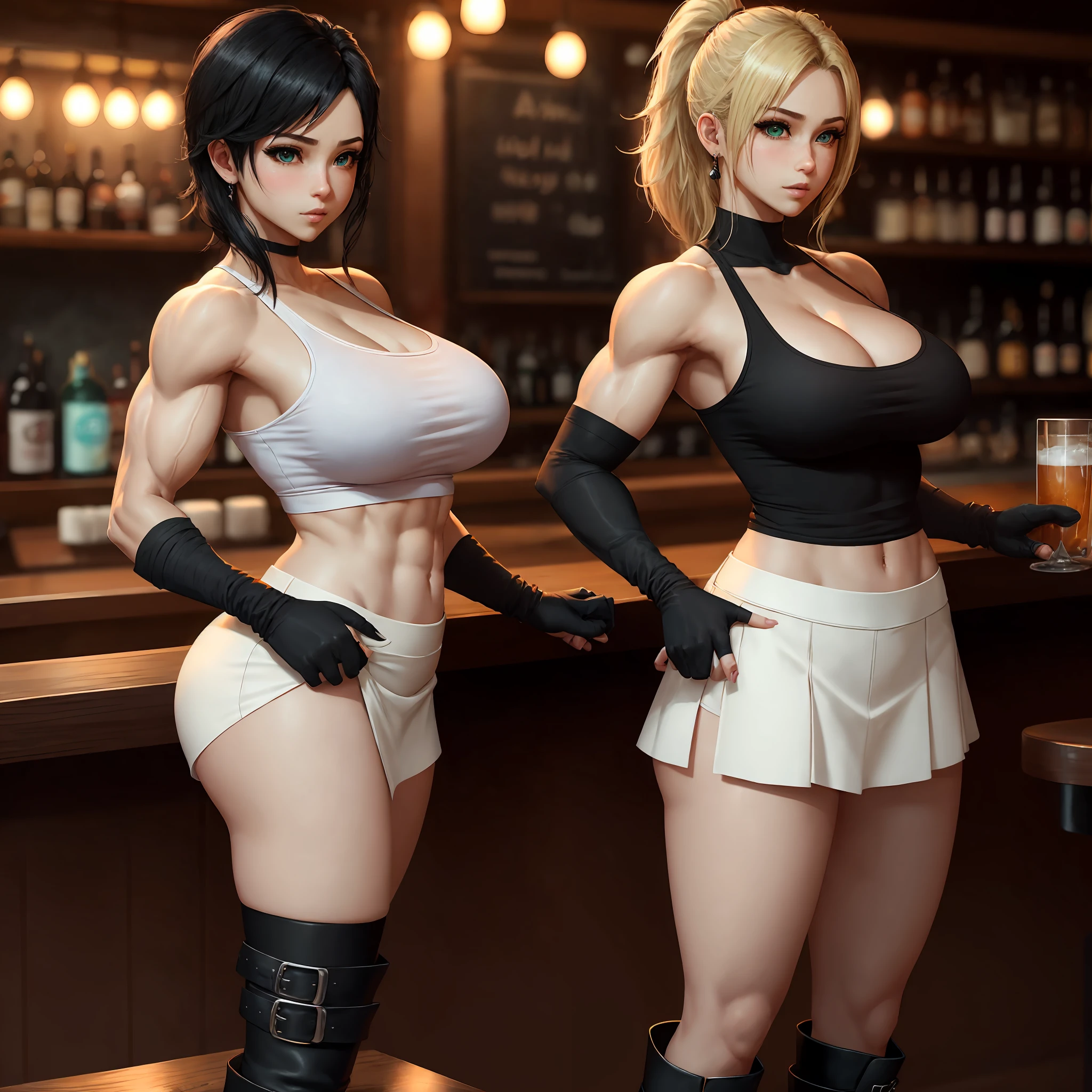 Final Fantasy VII, (blush nose), single elbow, ankle boots, blonde hair, white skirt, black thighs, red boots, elbow gloves, elbows, fingerless gloves, tense shirt, no bra, no panties (suspended black skirt), thighs, white tank top, top body is hyper-realistic muscle thicc and hyper largest_breasts!! with boobs_melons type, black hair, full body, look at the viewer, posing standing at the bar, sensual mouth, makeup, bokeh, best quality, masterpiece, highres, UHD, 1080P --auto