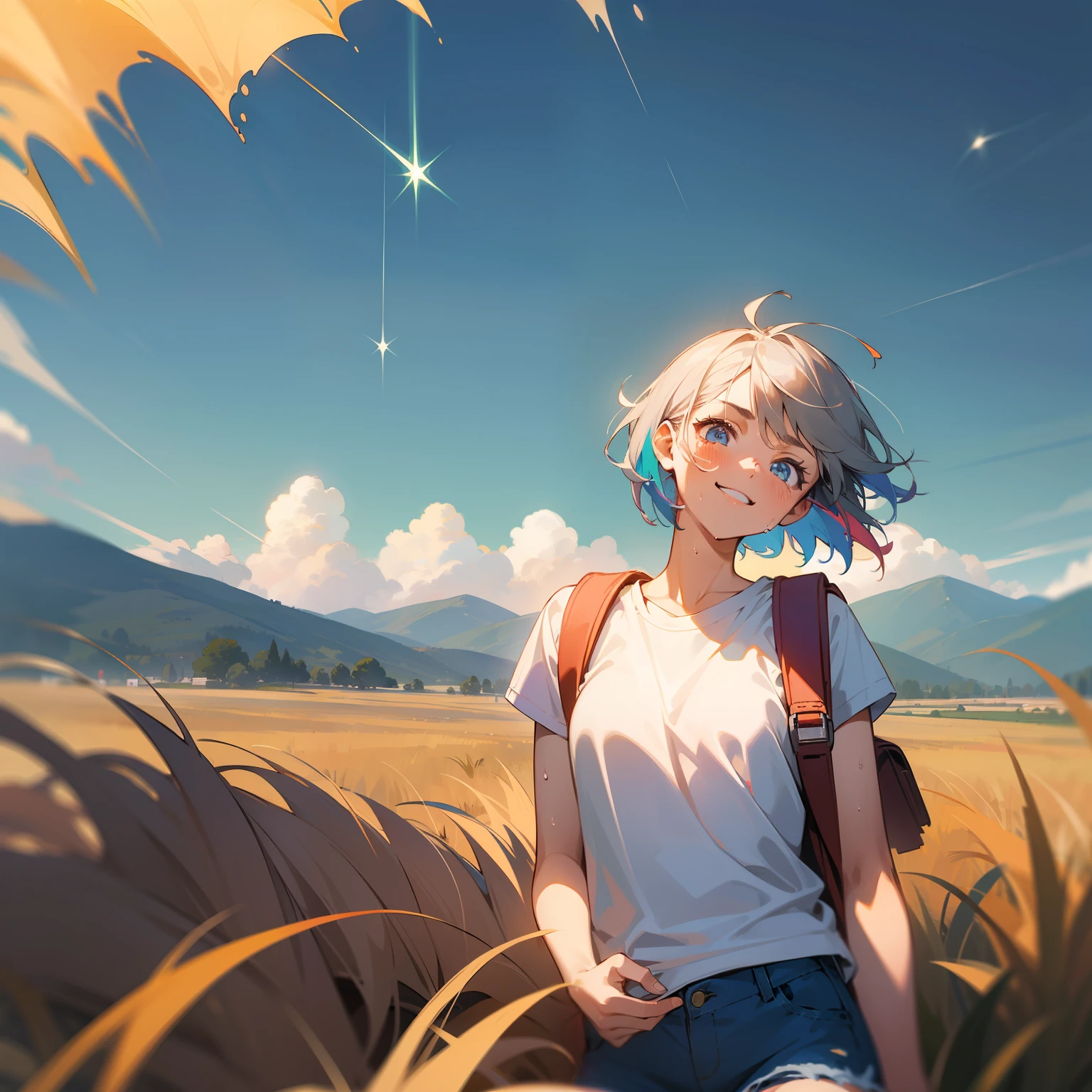 Vast skyline, beautiful skyline, wide grasslands, large mountains, very tense and dramatic pictures, moving visual effects, hanging high Polaris and colorful natural light. Girl with loose white t-shirt, short hair, denim shorts and backpack. Smiling, morning sun, sweating