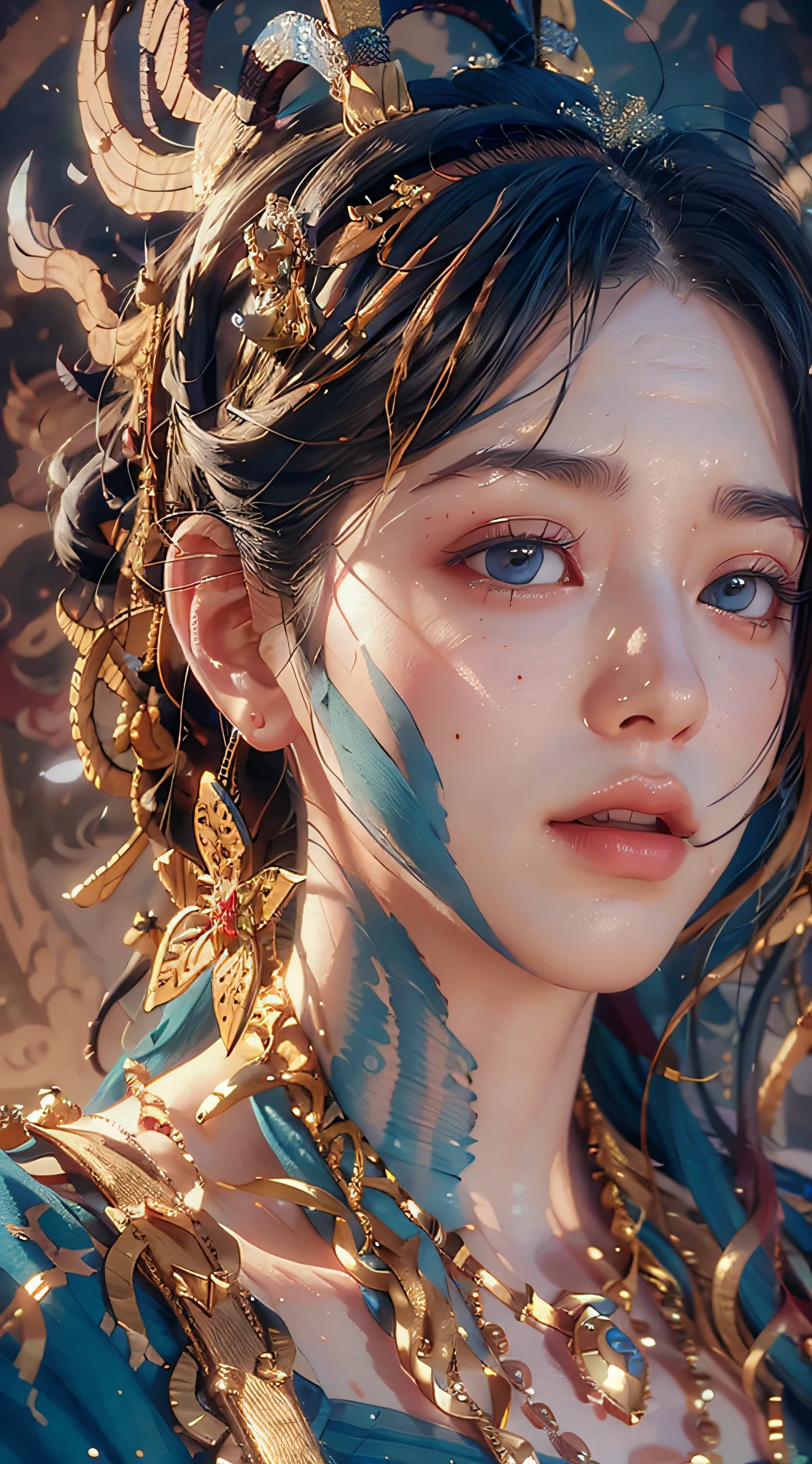 (RAW Photo, Best Quality), (Realistic, Photo Realistic: 1.3), Best Quality, Highly Detailed, Masterpiece, Hyperdetail, Illustration, 1 Girl, (portrait), Dynamic Angle, World Masterpiece Theater, messy_long_hair, Best Quality, Extremely Detailed CG Unified 8k Wallpaper, Ink, Amazing, Cinematic Lighting, lens_flare,dunhuang_style
