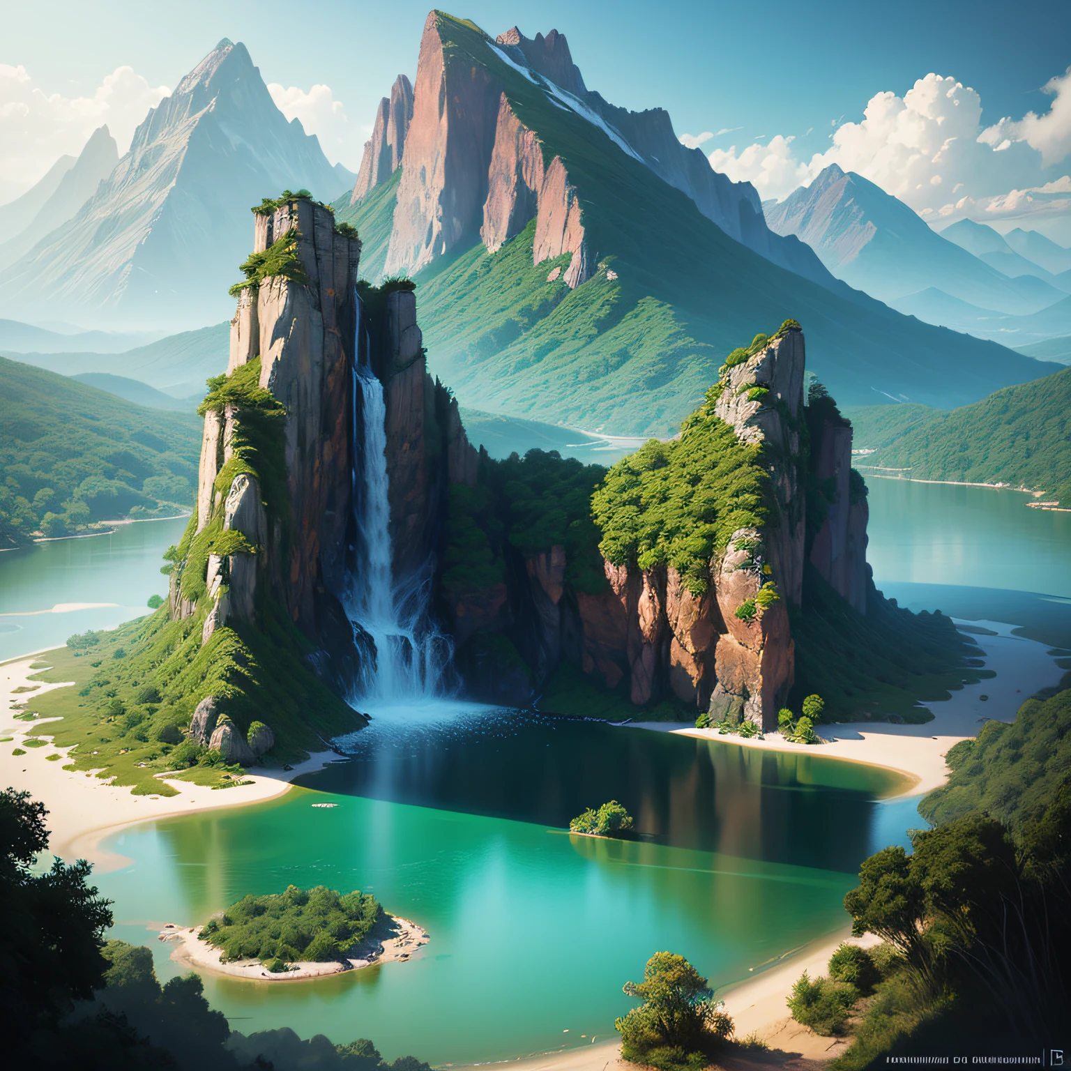 Lake with crystal clear waters surrounded by mountains with jungle. Digital painting, artstation, concept art, soft focus, sharp, illustration. --auto